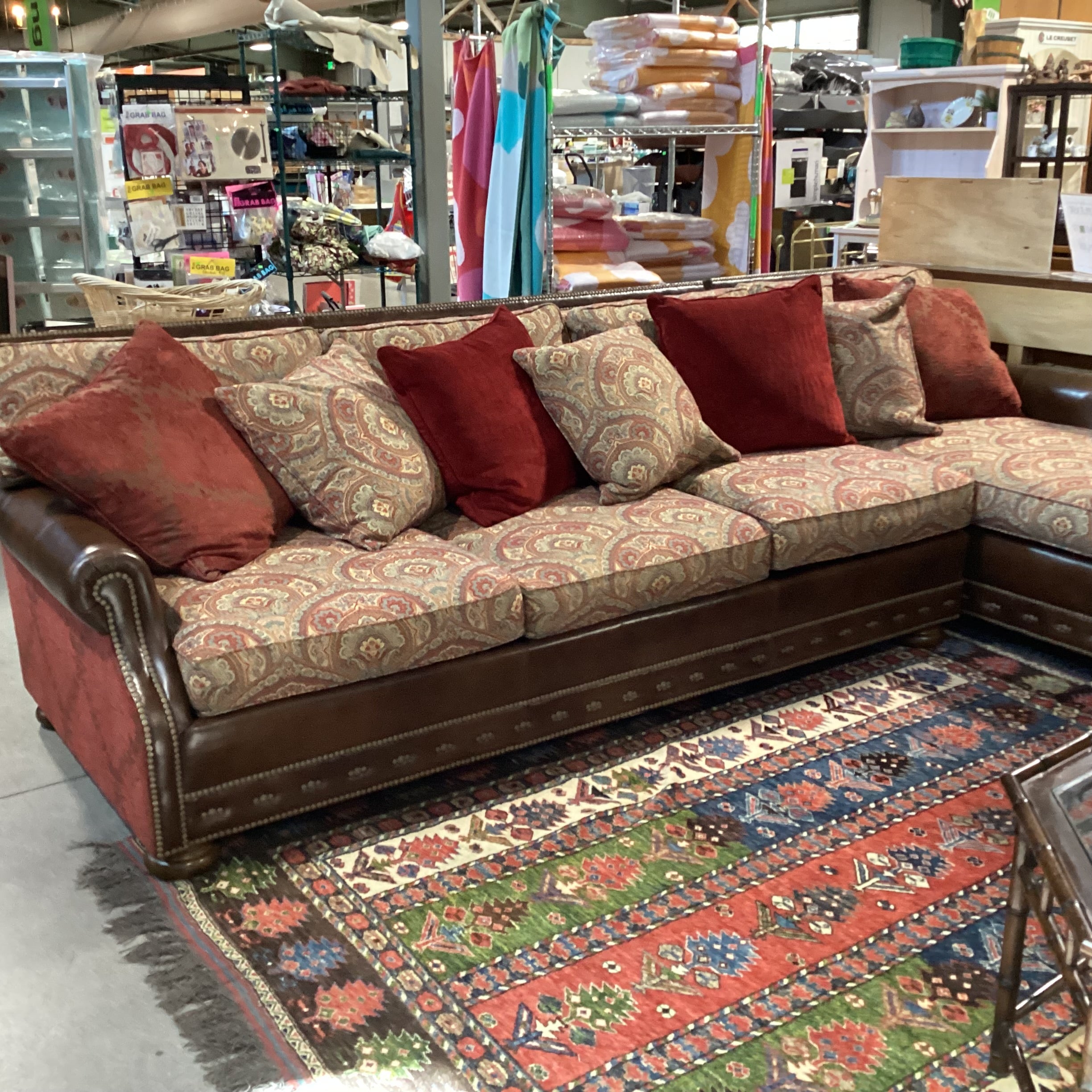 Massoud Luxery Western Leather Nailhead Ornate Floral & Reverse Velvet 2 Piece with Chaise Sectional 130"x 72"x 45"x 38"