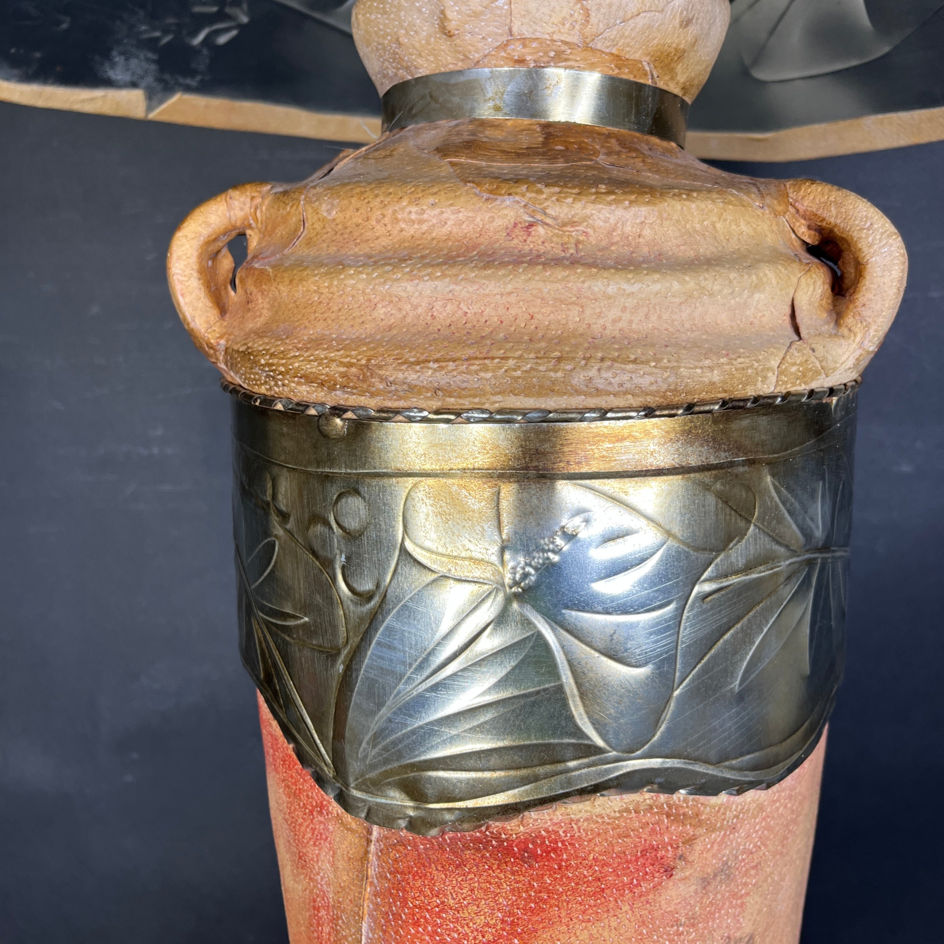 Vintage Embossed Metal and Leather Wrapped with Shade Table Lamp 24” Diameter @ Shade x 36”