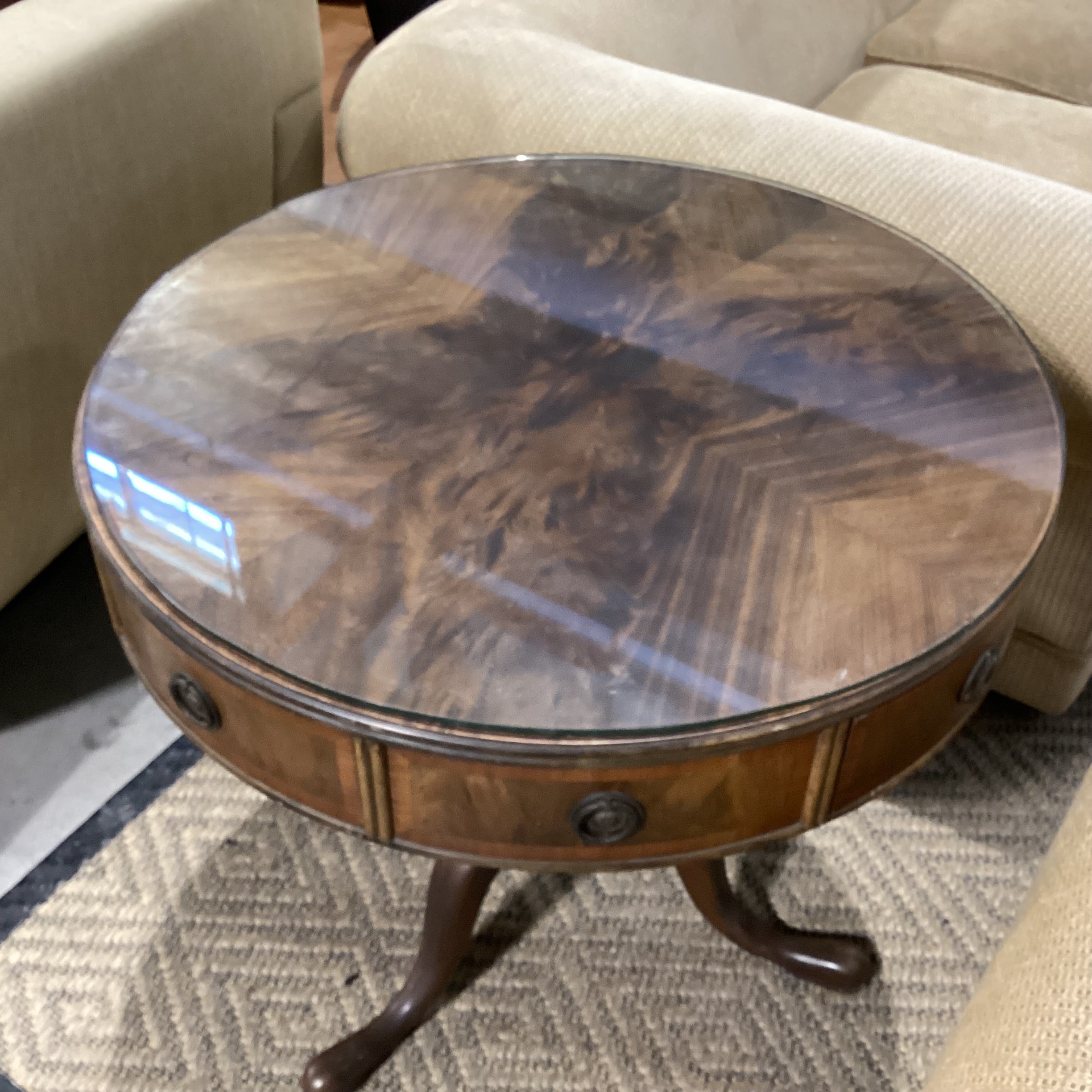 Antique Round Carved Wood &  Flamed Mahogany Veneer 4 Drawer Glass Top Accent Table 30" Diameter x 29.5"