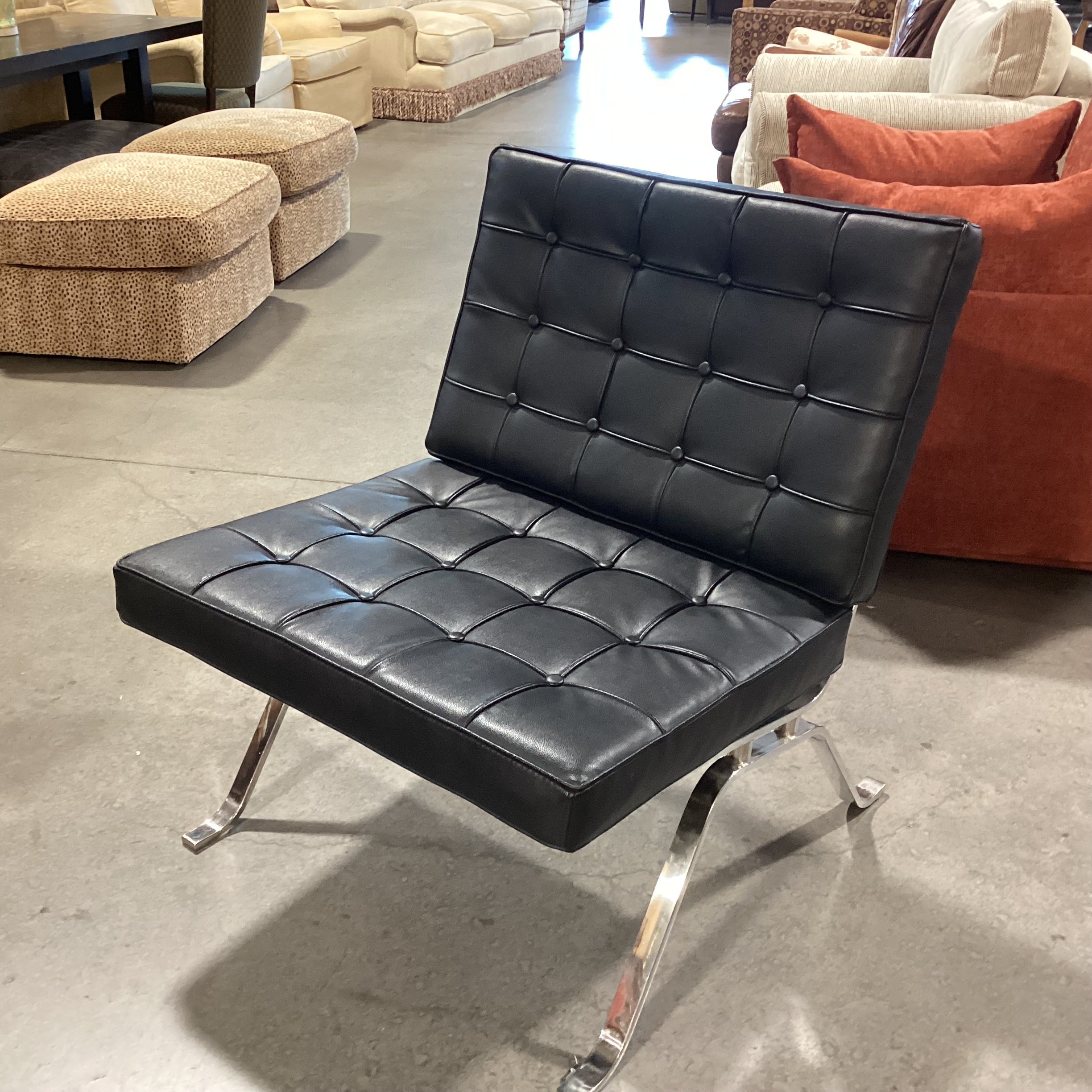 Barcelona Style Black Faux Leather Button Tufted & Chrome Lounge Chair 30"x 30"x 35"