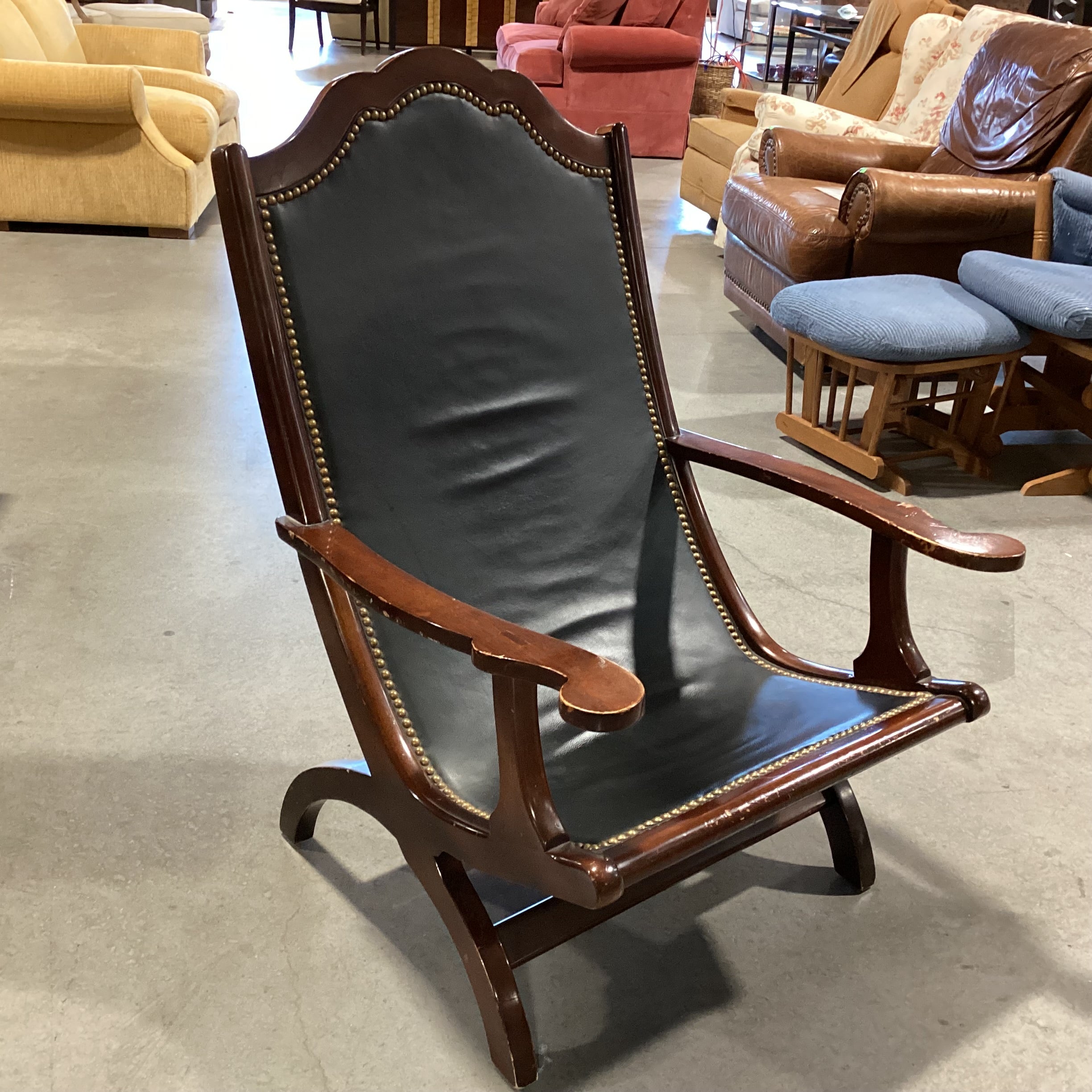 Black Leather Nailhead & Carved Wood Plantation Style Chair 27"x 30"x 40"