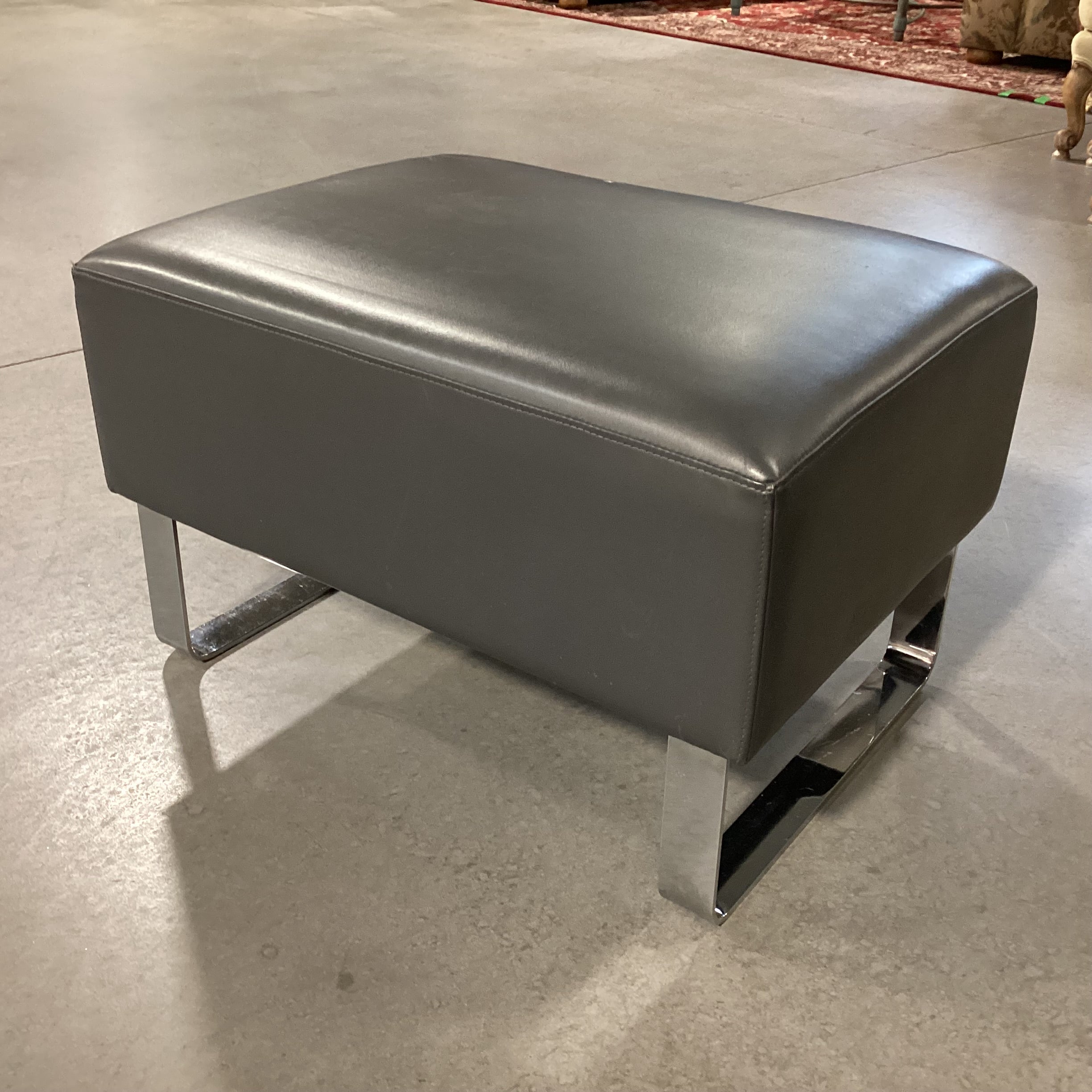 Grey Leather & Chrome Ottoman 28"x 20"x 18.5"