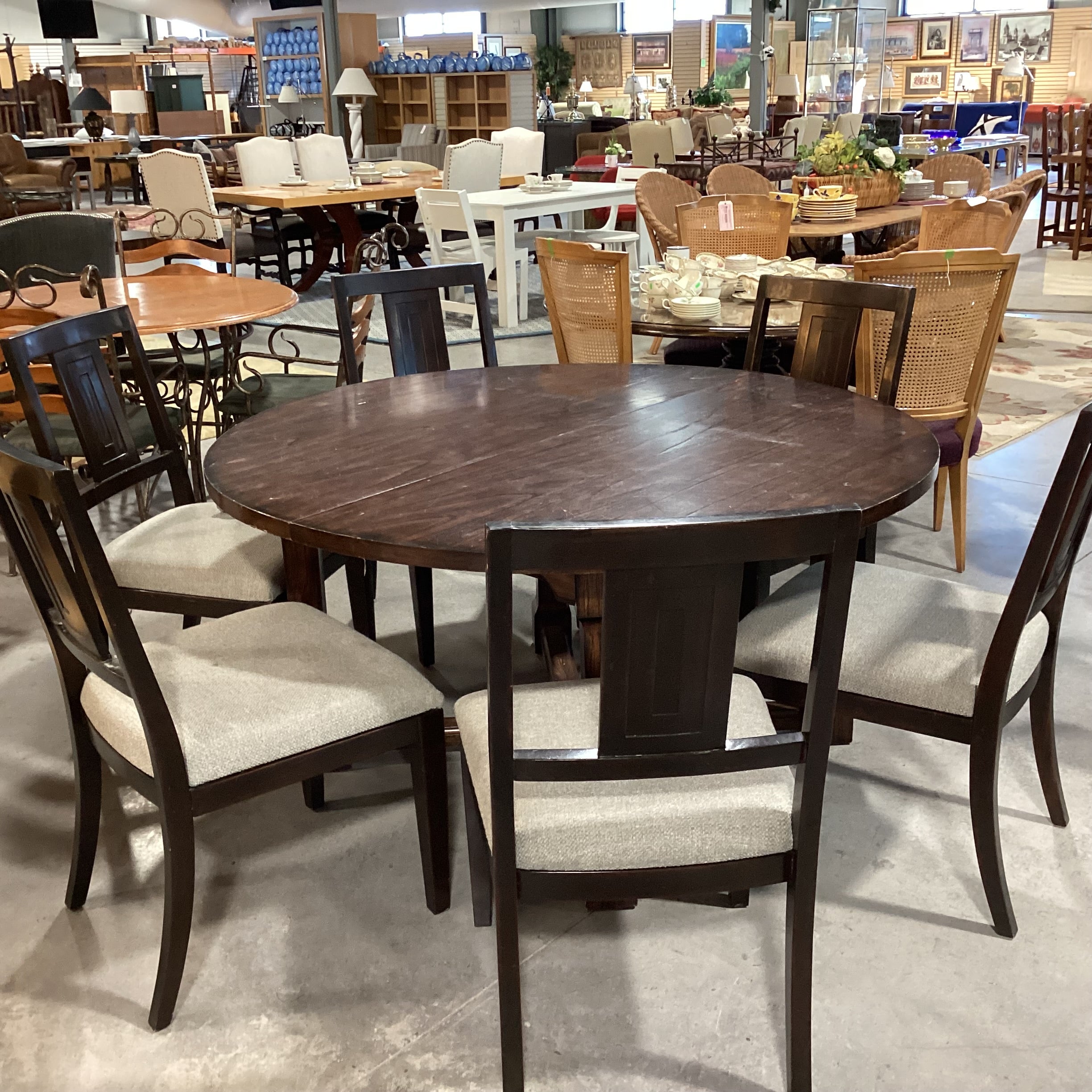 Round Dark Finish Wood Cross Trestle Base Table with 6 Asian Style Chairs Dining Set 60" Diameter x 30.5"