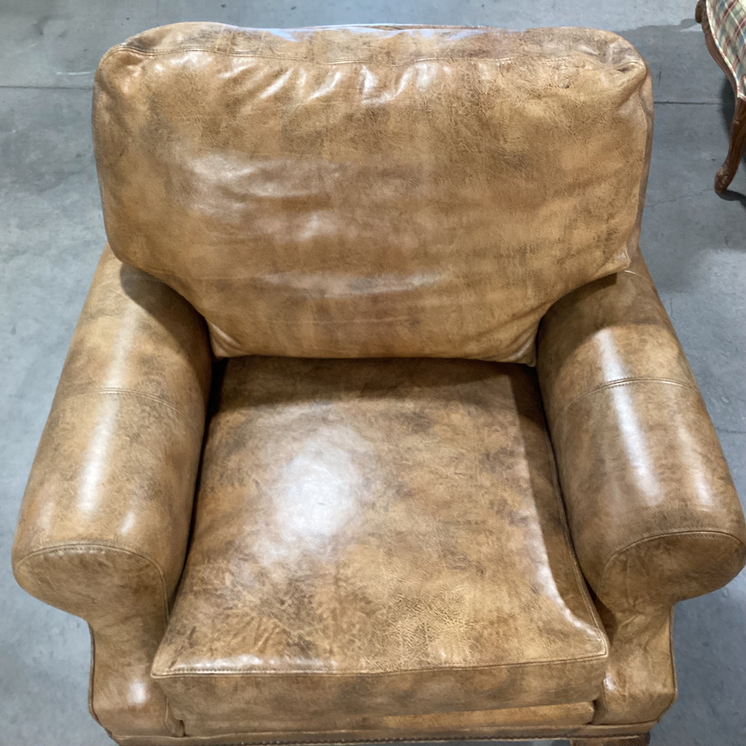 Stanford Furniture Distressed Golden Brown Leather Nailhead & Carved Feet Chair 37"x 36"x 32"