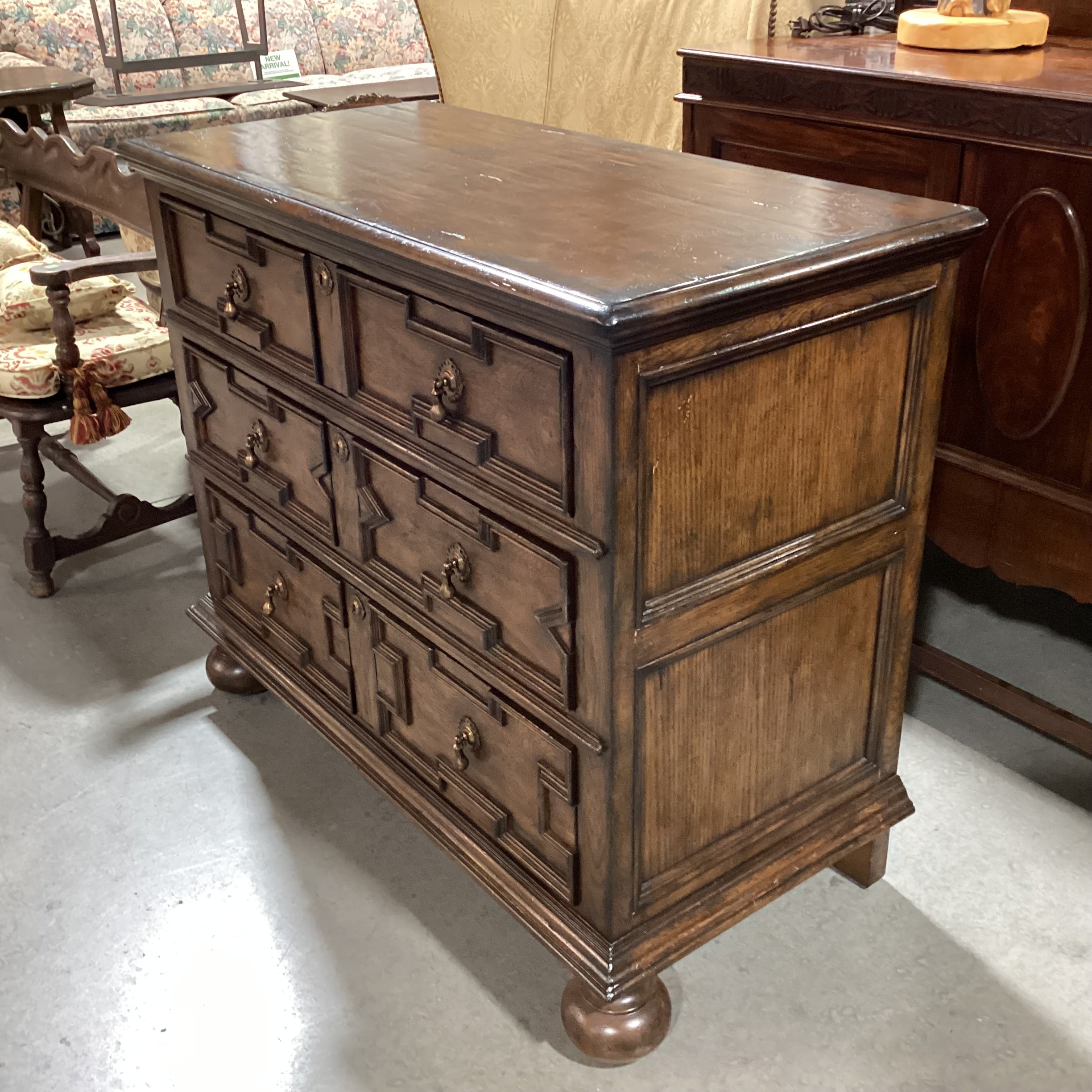 Dark Finish Solid Wood Carved Molding & Ball Feet Detail Brass Teardrop Pulls Keyhole Accent 3 Drawer Chest 43"x 20.5"x 36"