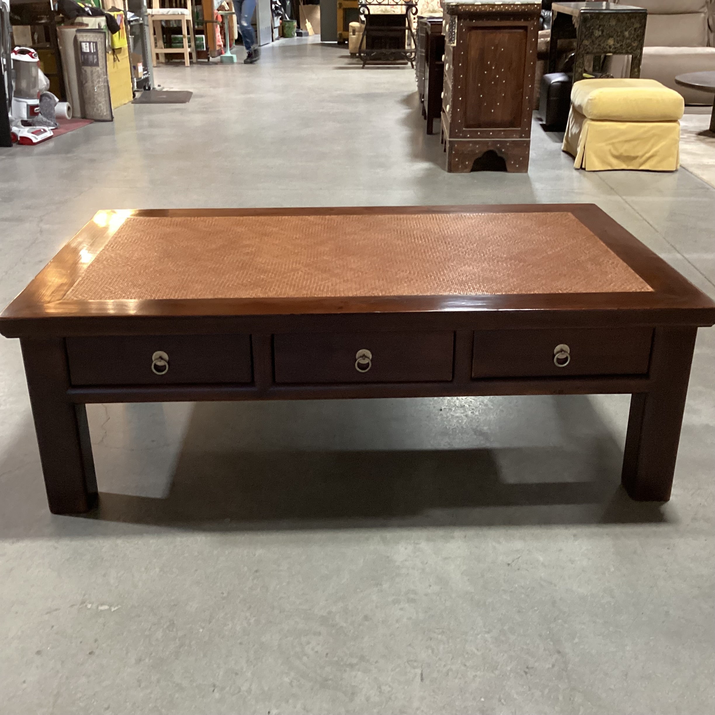 Distressed Finish Carved Wood & Wicker Raffia Woven Inset Top 6 Drawer Coffee Table 55"x 33.5"x 18"