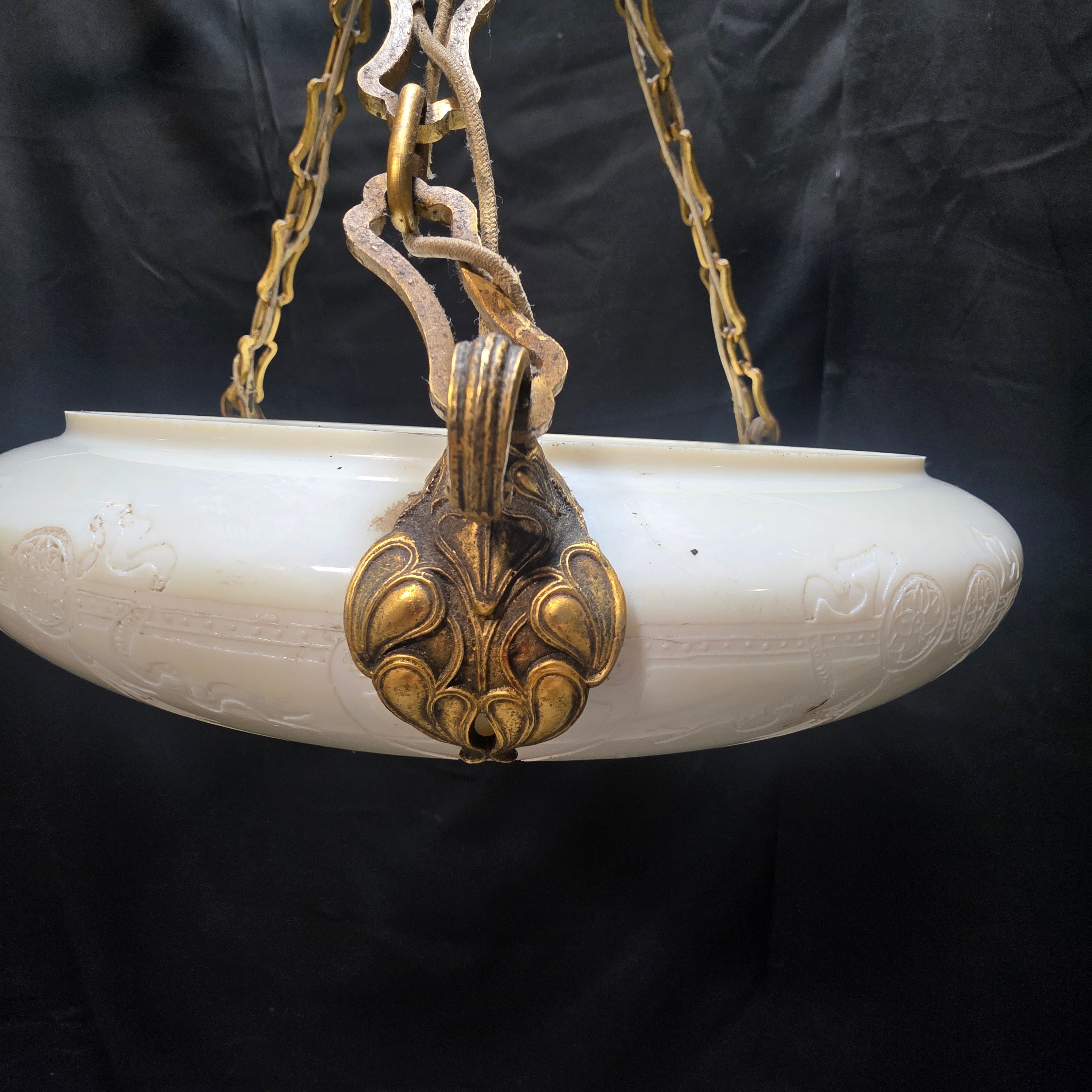 Circa 1920's - 1930's Antique Neoclassical Milk Glass Three Light Chandelier/Pendant 16.5"Dx21"