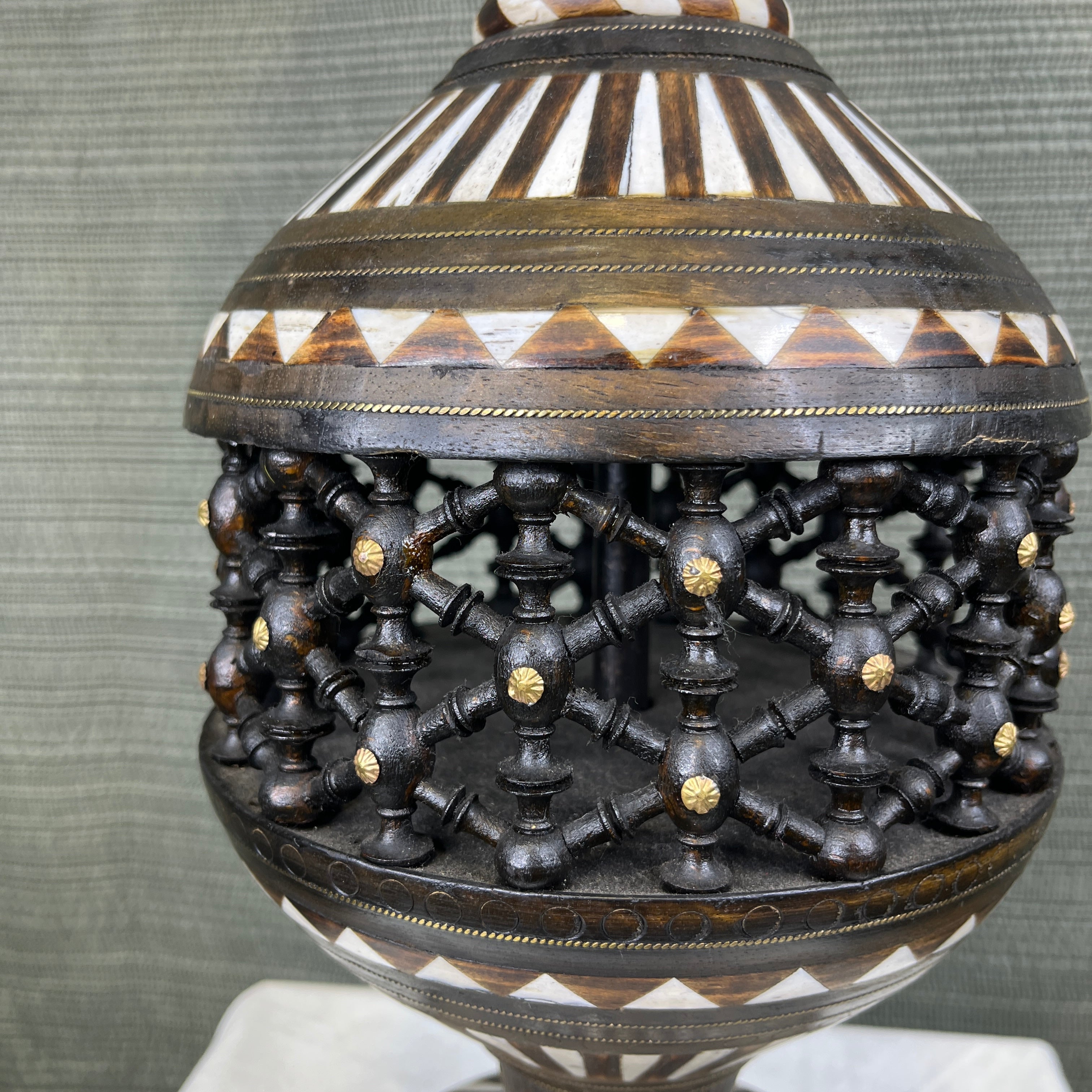 Badia Style Handmade Stained Teak and Bone Inlay with Shade Table Lamp 19" Diameter @ Shade x 31"