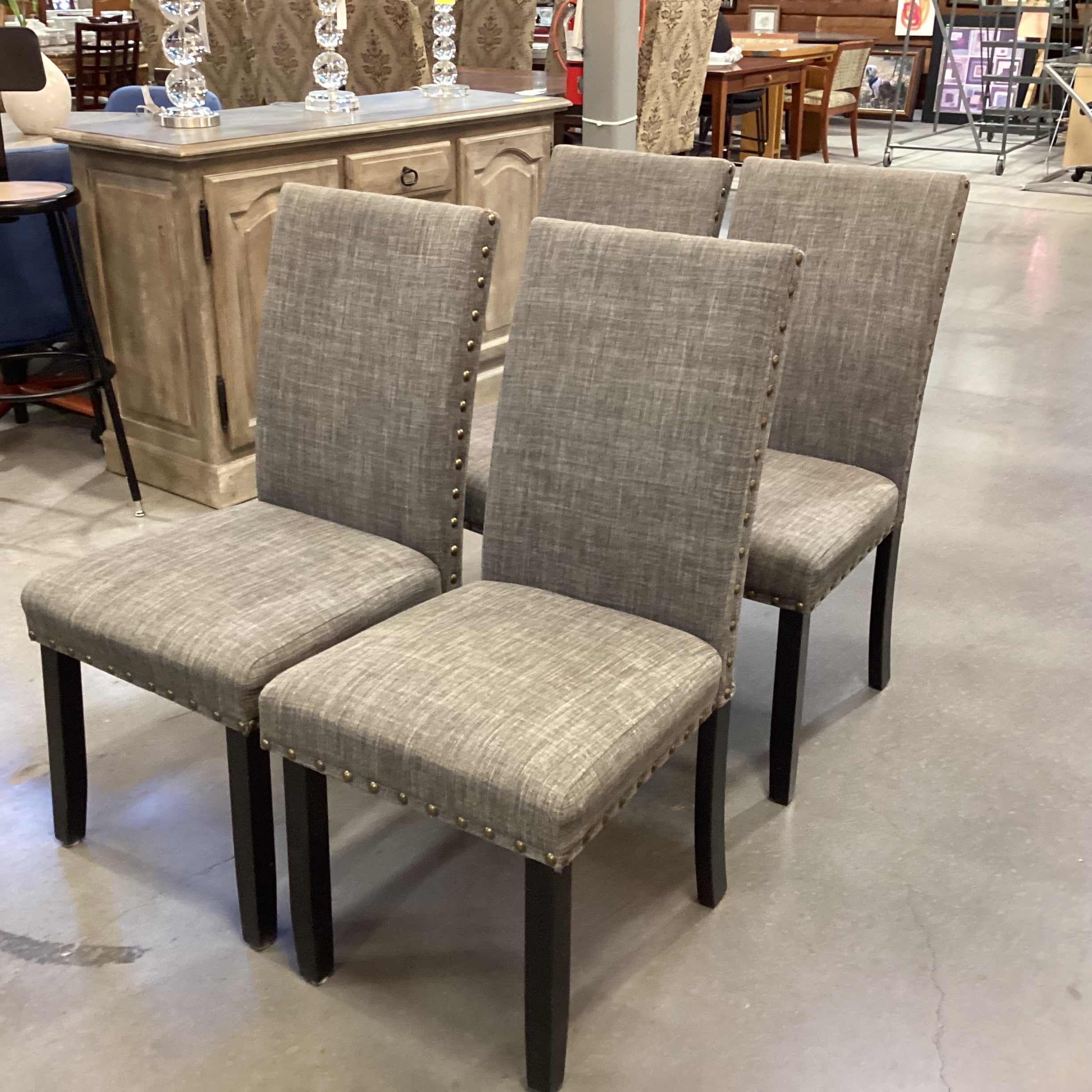 SET of 4 Charcoal Woven Nailhead & Black Wood Legs Dining Chairs 19"x 24"x 38"