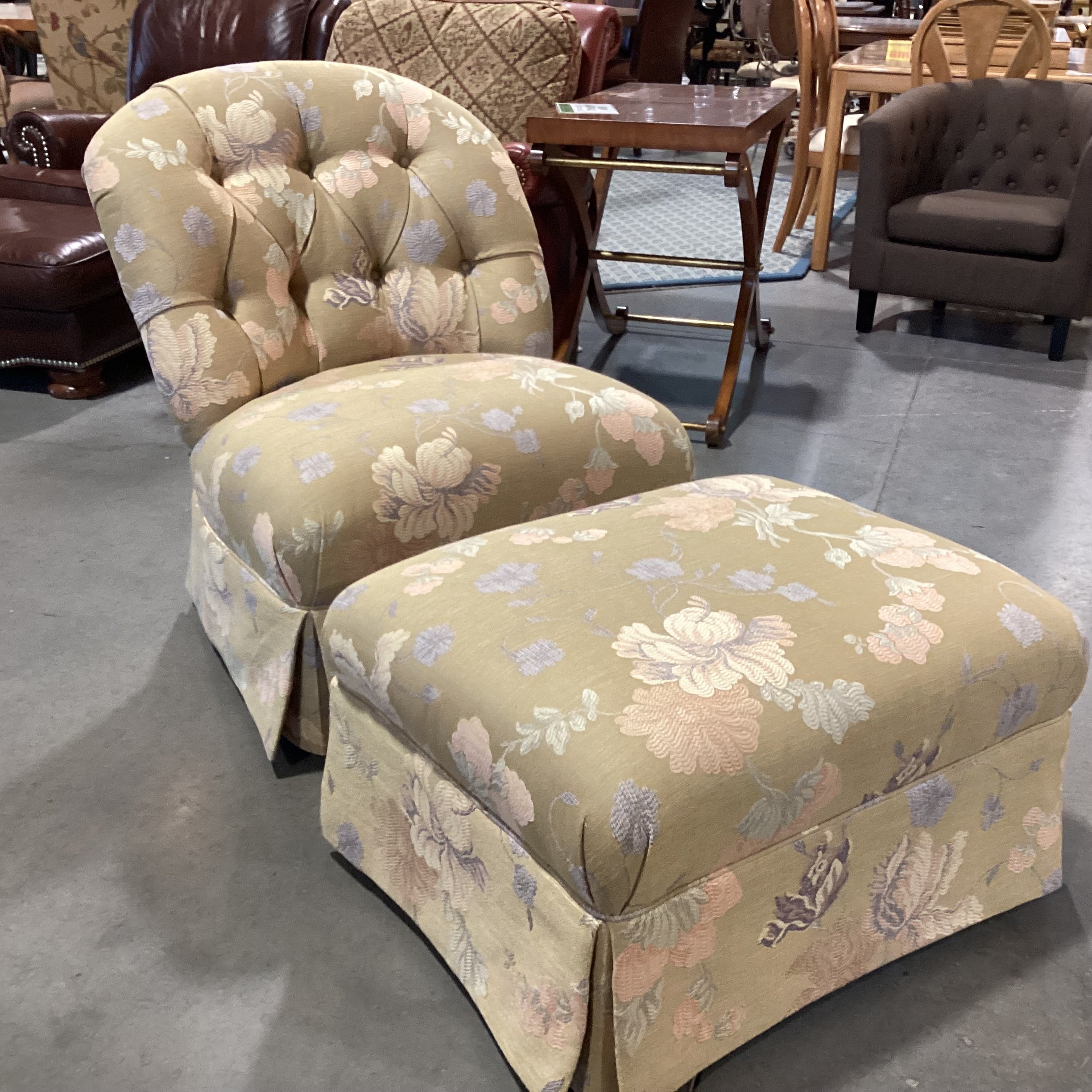 Custom Gold with Peach & Lavender Raised Stitch Floral Button Tufted with Ottoman Chair  31"x 34"x 35"