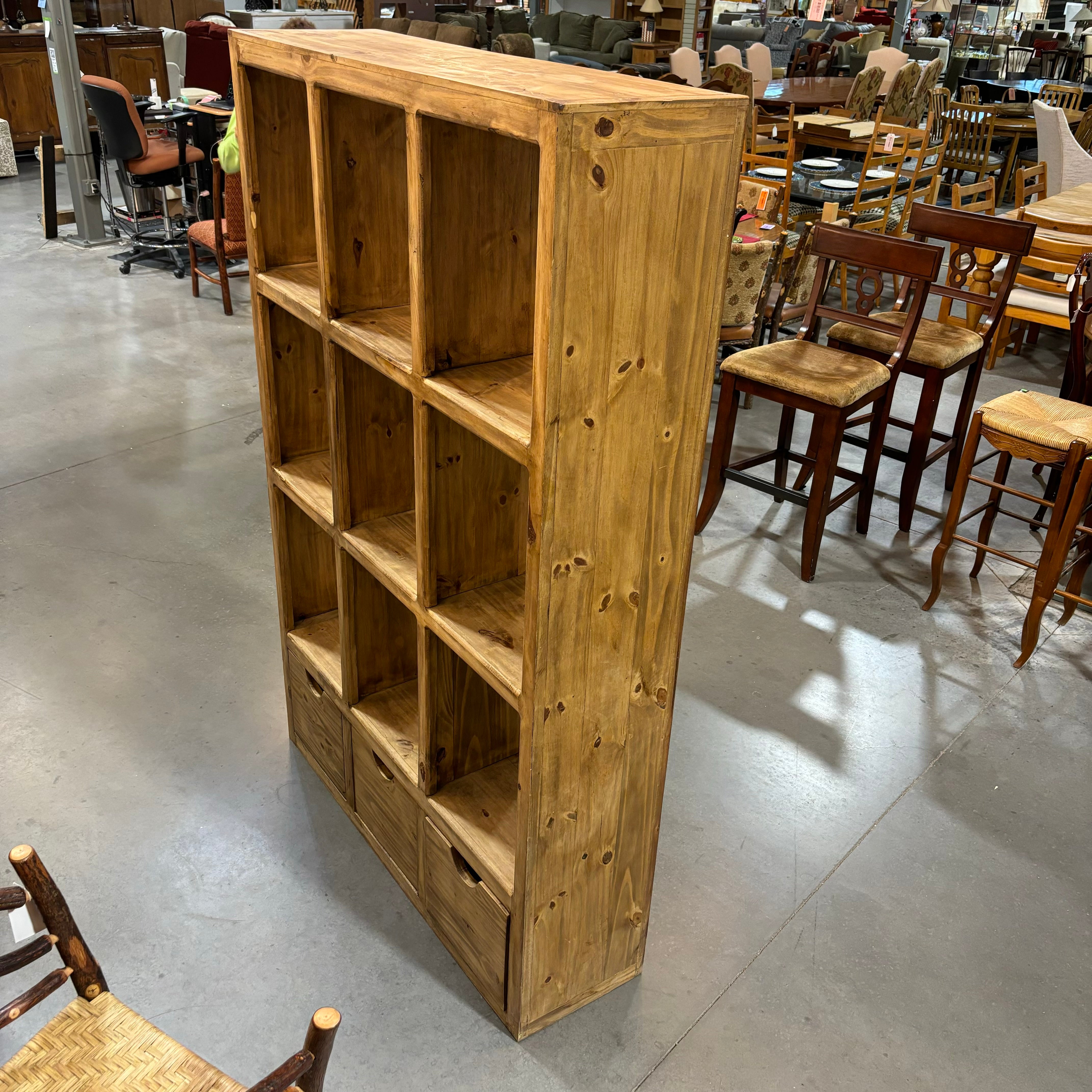 Natural Style Solid Pine 9 Cubby with 3 Drawers Bookcase 49"x 14"x 75"