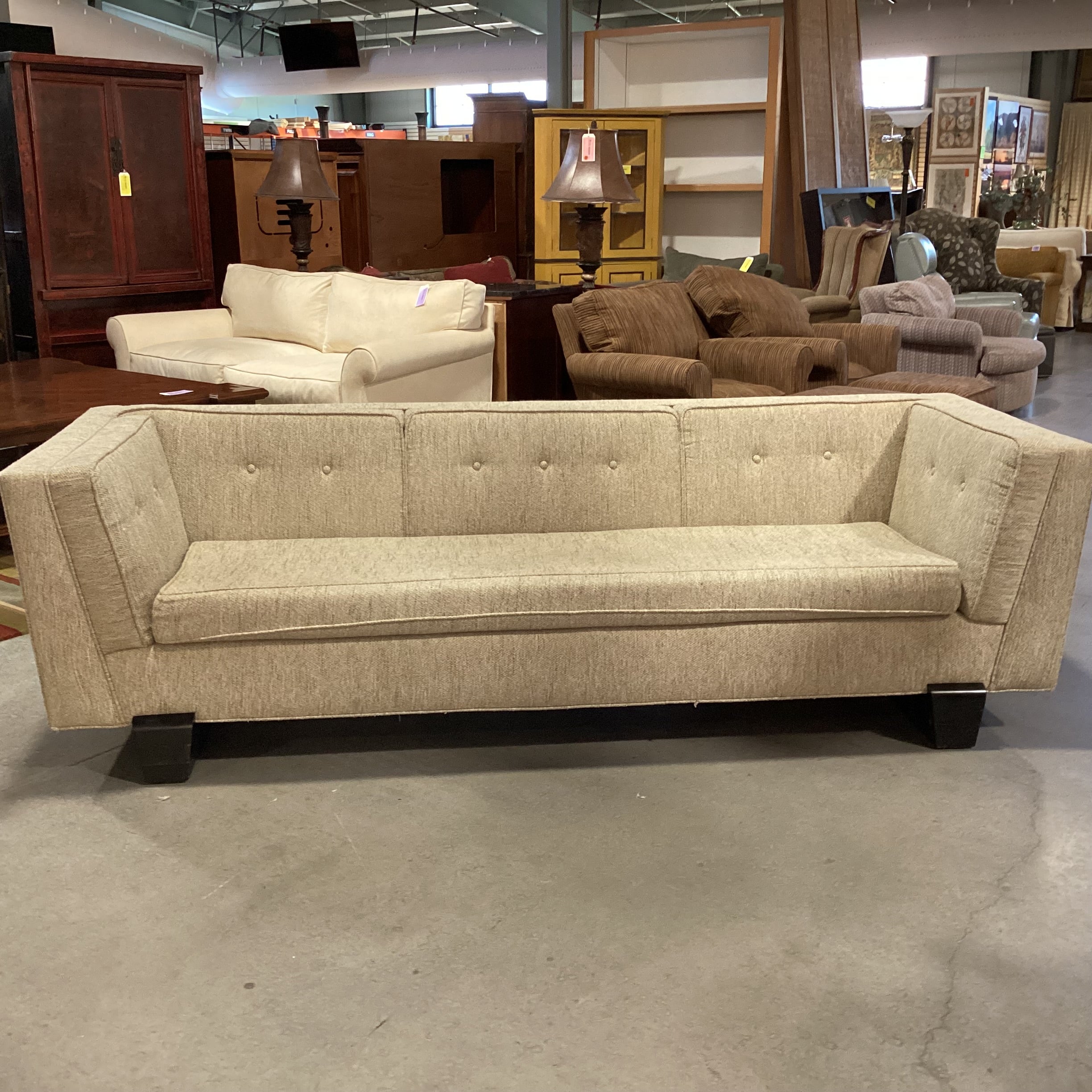 Vintage Asian Inspired Beige Woven Black Finished Wood Rail Base Sofa 98"x 37"x 29"