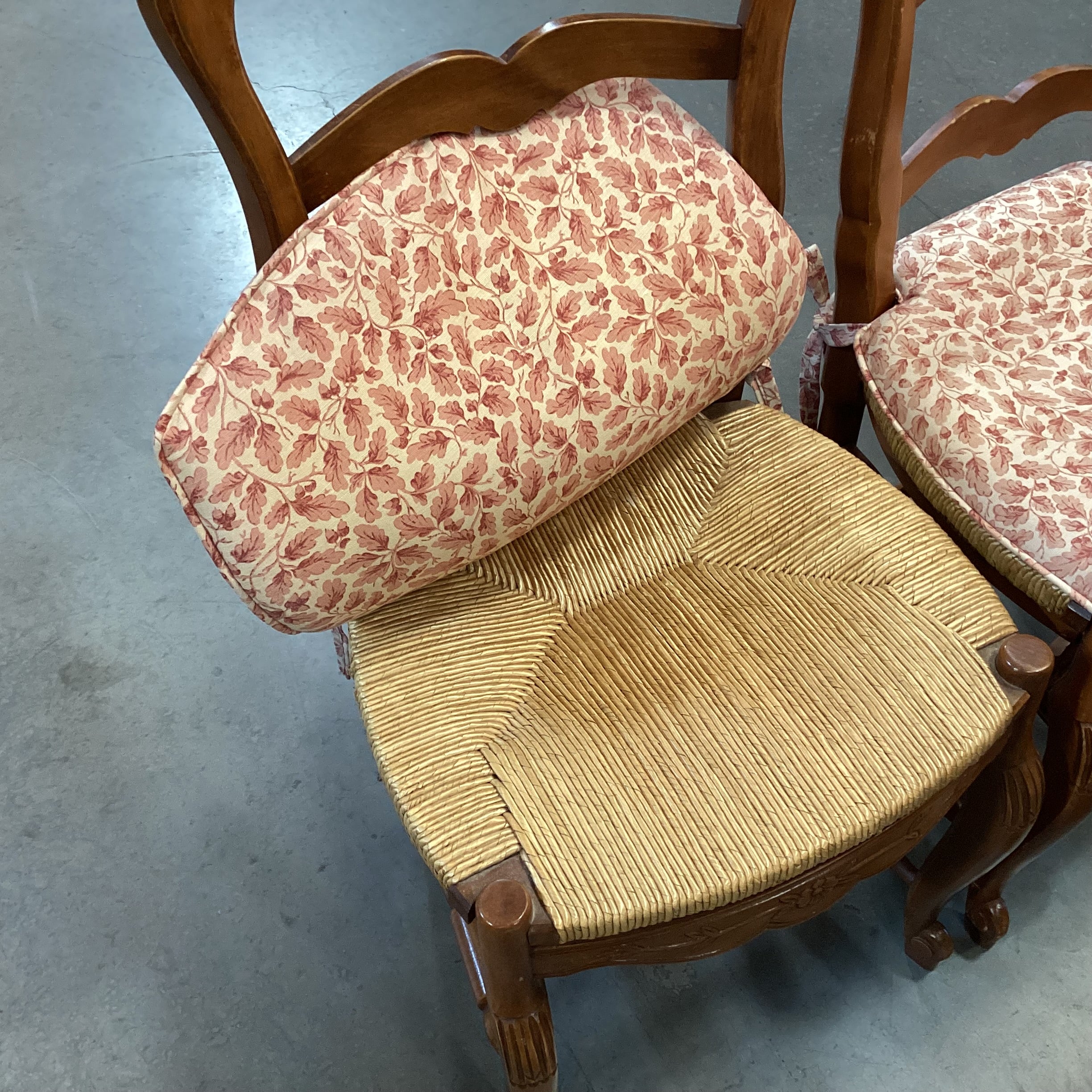 Set of 6 Carved Wood with Rush Seat & Floral Seat Cushion Dining Chairs 21"x 21"x 38"
