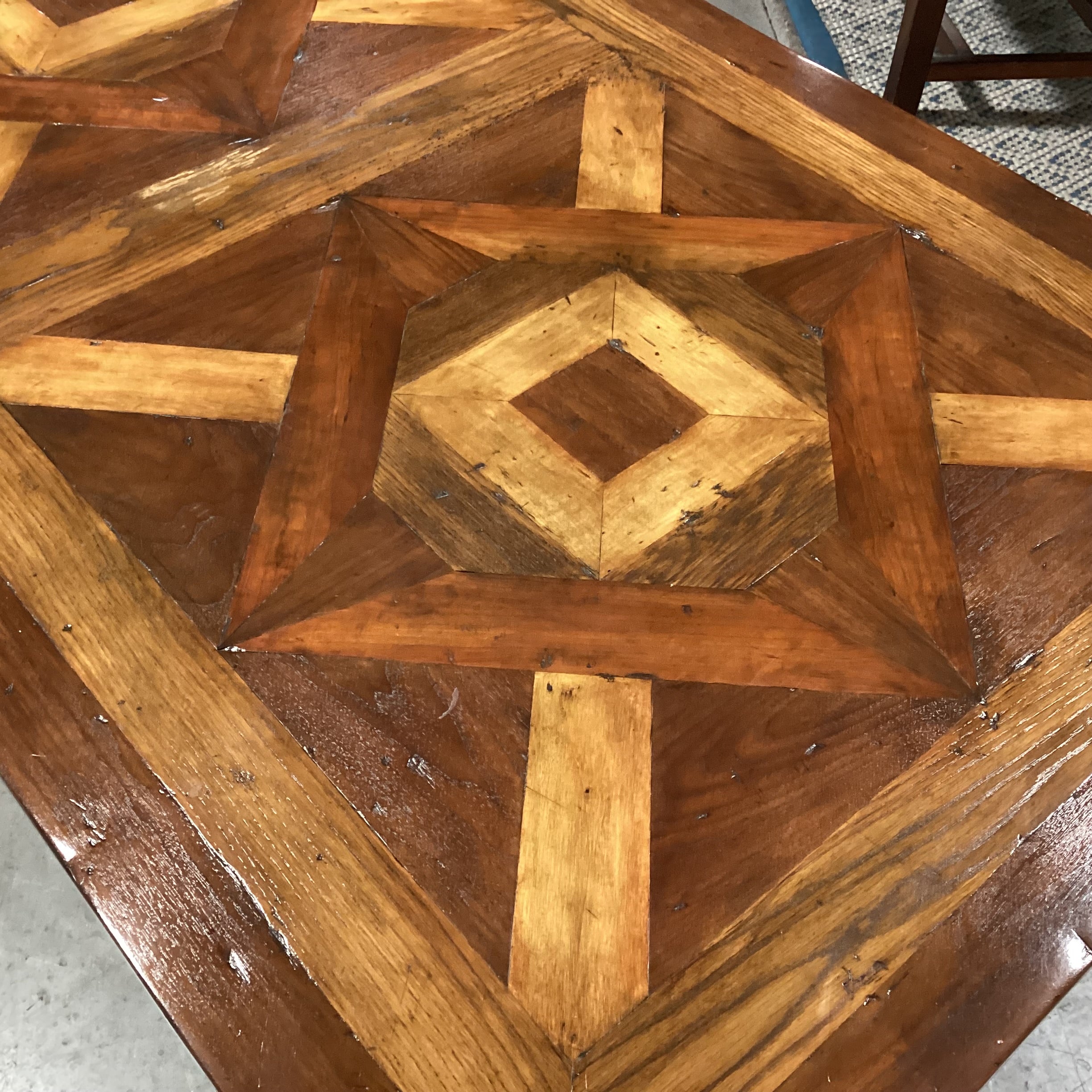 Rustic 2 Tone Finish with Inlay Design Top & Trestle Coffee Table 71.5"x 39.5"x 19.5"