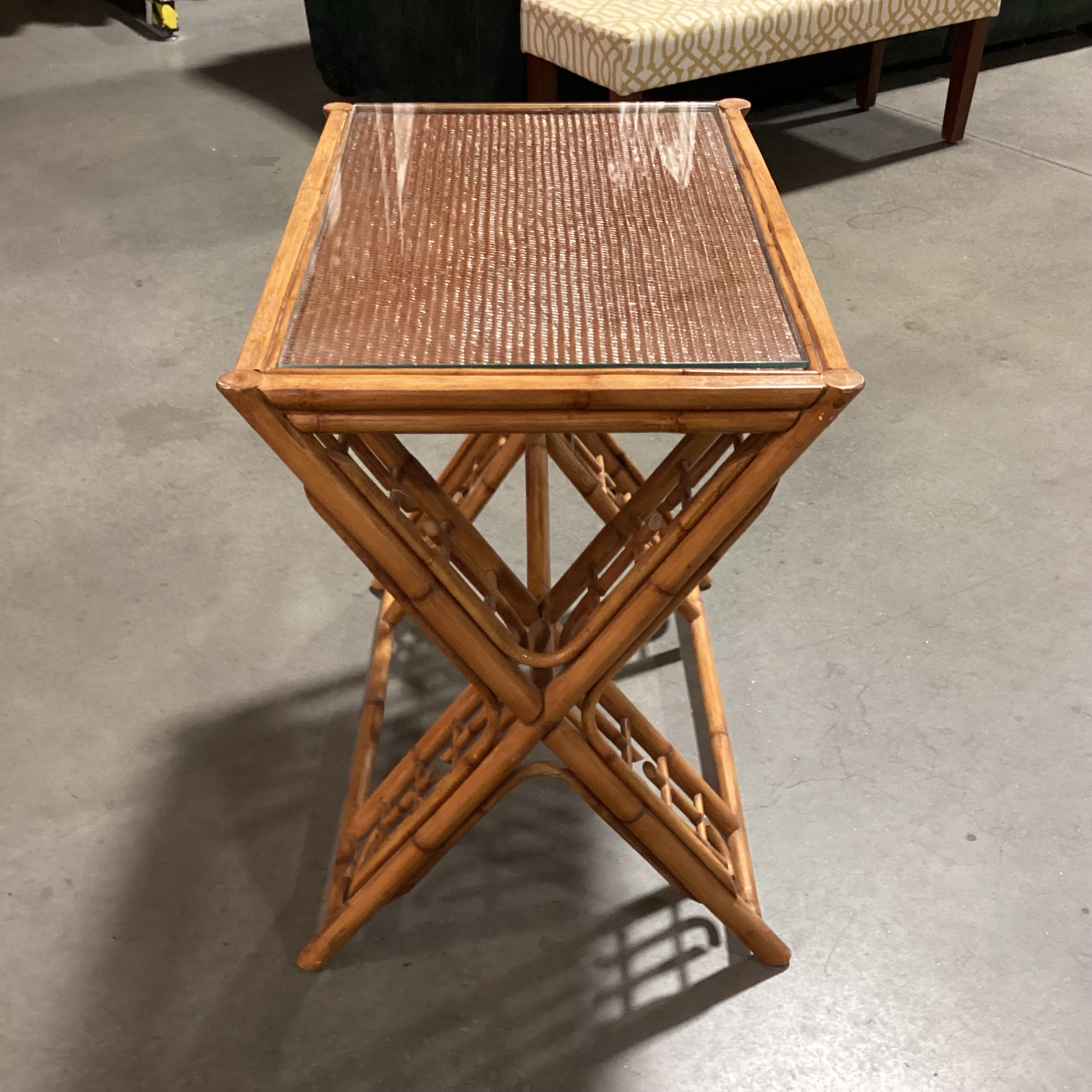 Vintage Bamboo & Rattan with Glass Top Accent Table 27"x 19"x 27"