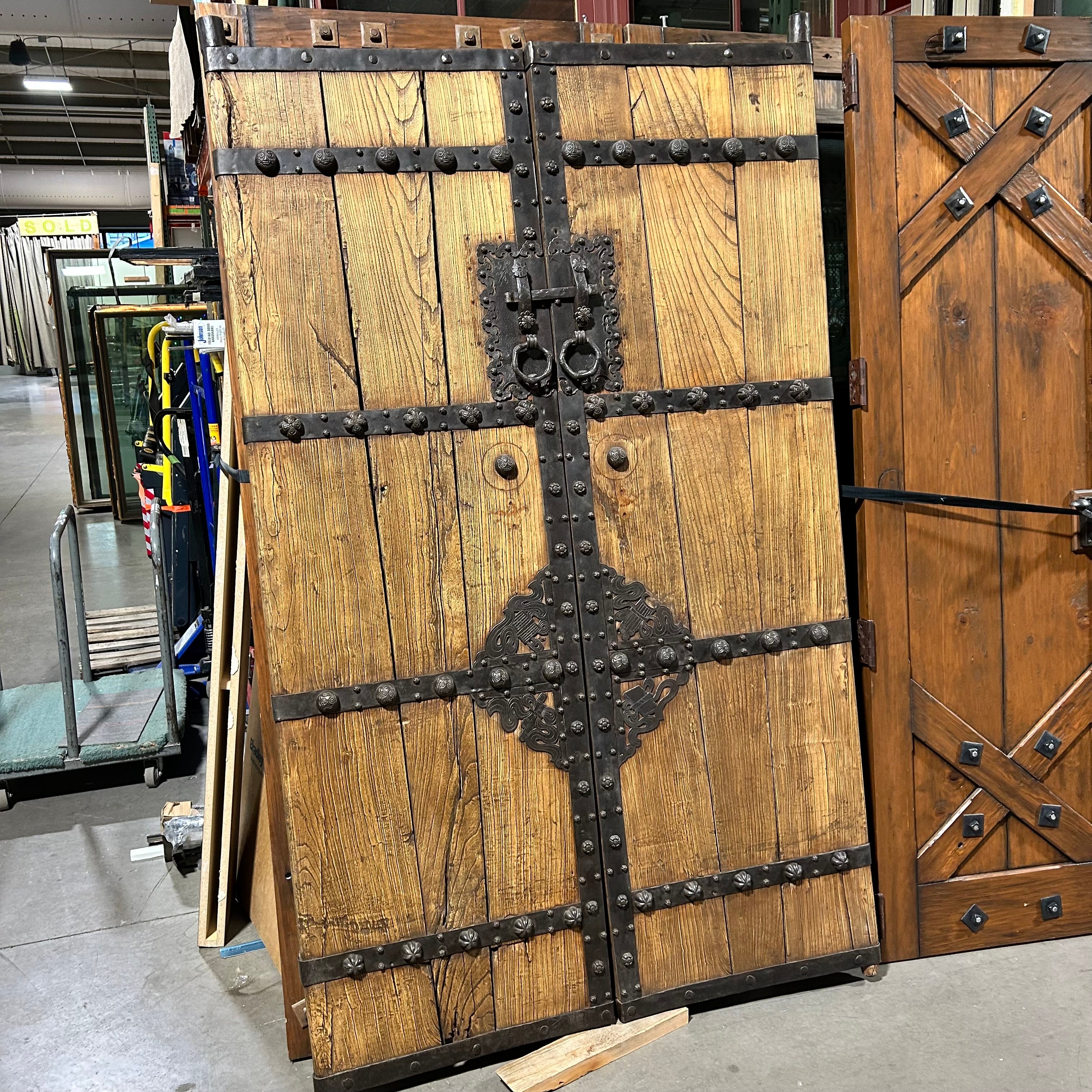 50.5"x 82.75" Antique Chinese Elm Compound Doors with Intriquite Iron Hardware