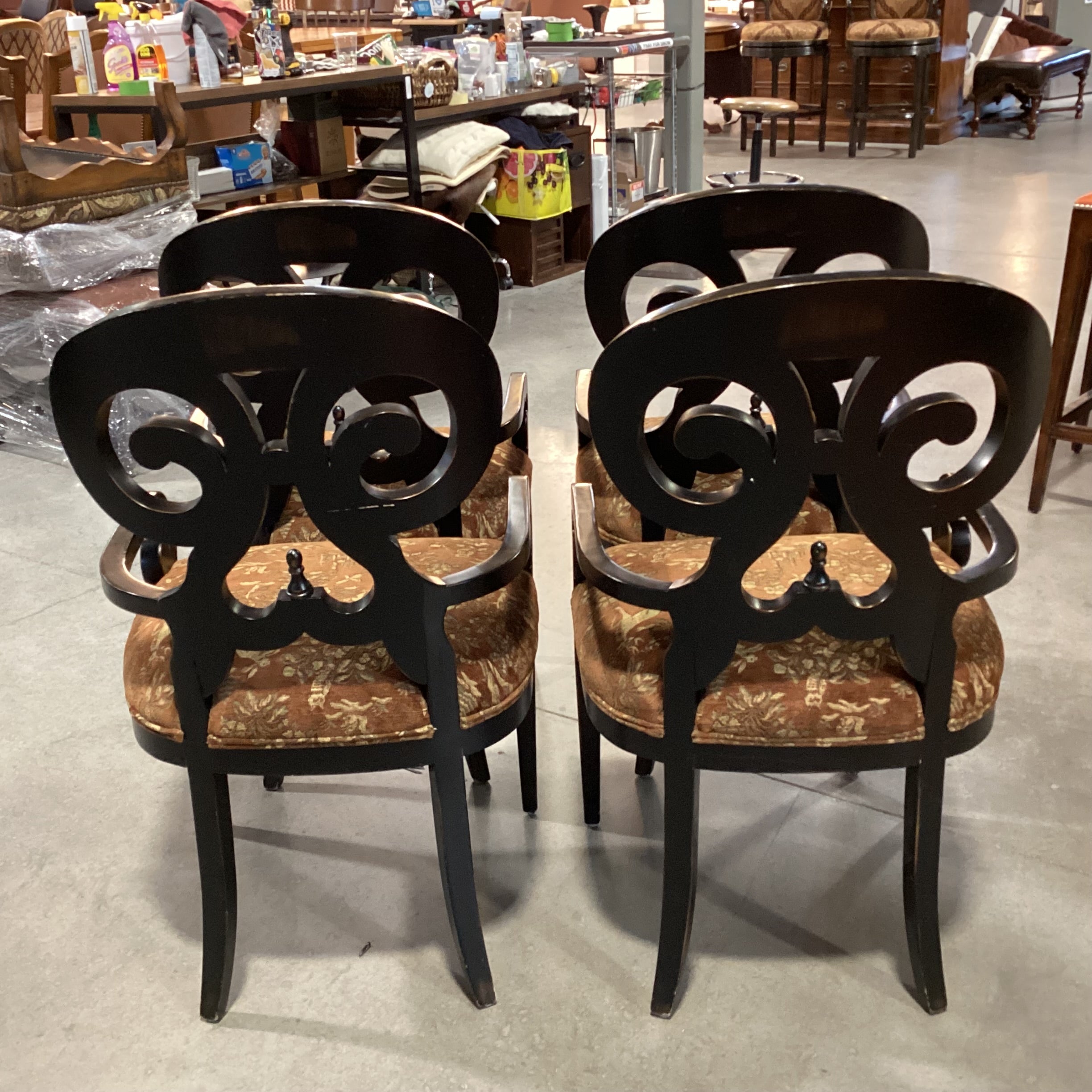 SET of 4 Vanguard Ornate Scroll Antiqued Black Wood & Brown Gold Animal Scene Upholstery Dining Chairs 23"x 23"x 40"