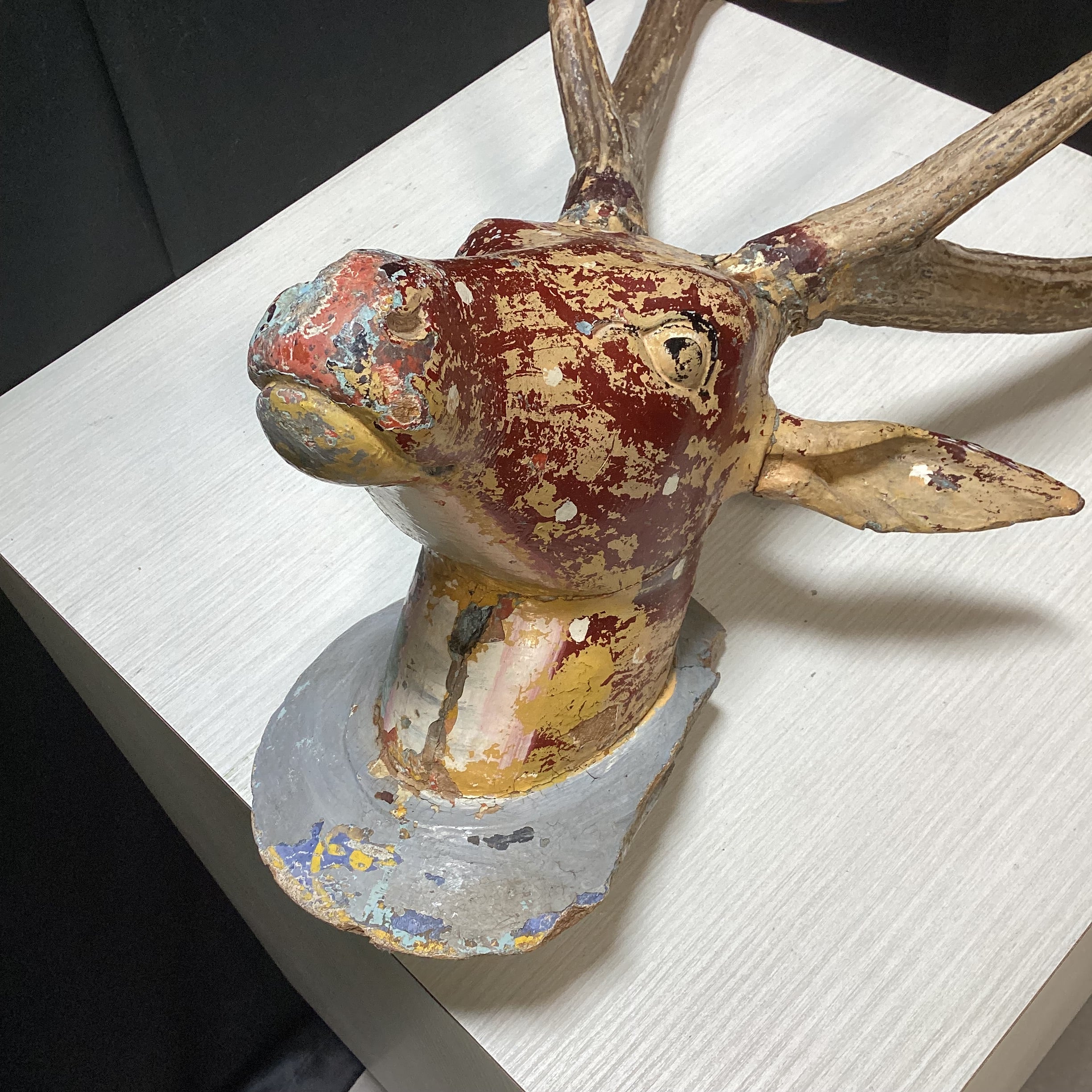 Antique - Vintage Carved Wood Deer Head With Real Antlers 14" x 28"