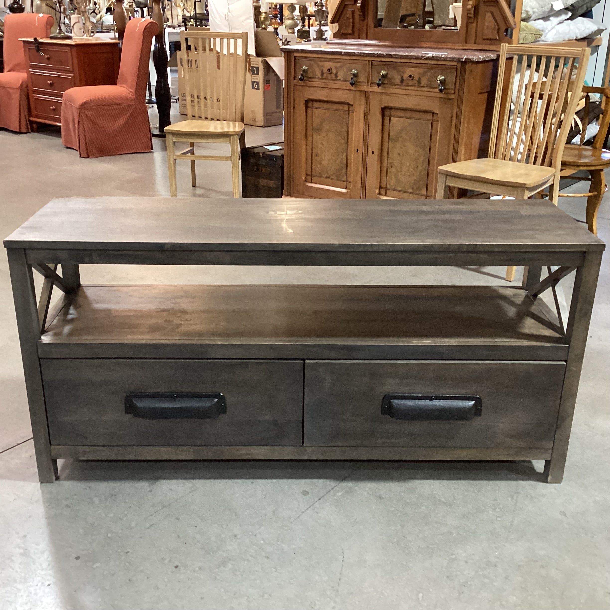 Farm House Washed Grey 2 Drawer with Shelf Console 54"x 16"x 26"