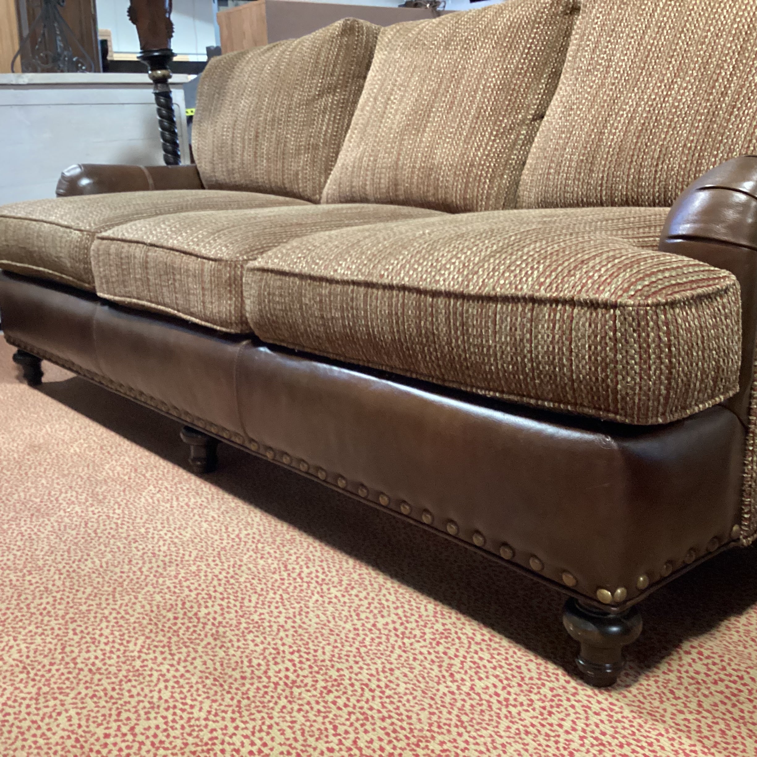 Massoud Gold & Rustic Woven Leather Nailhead Sofa 89"x 40"x 33"