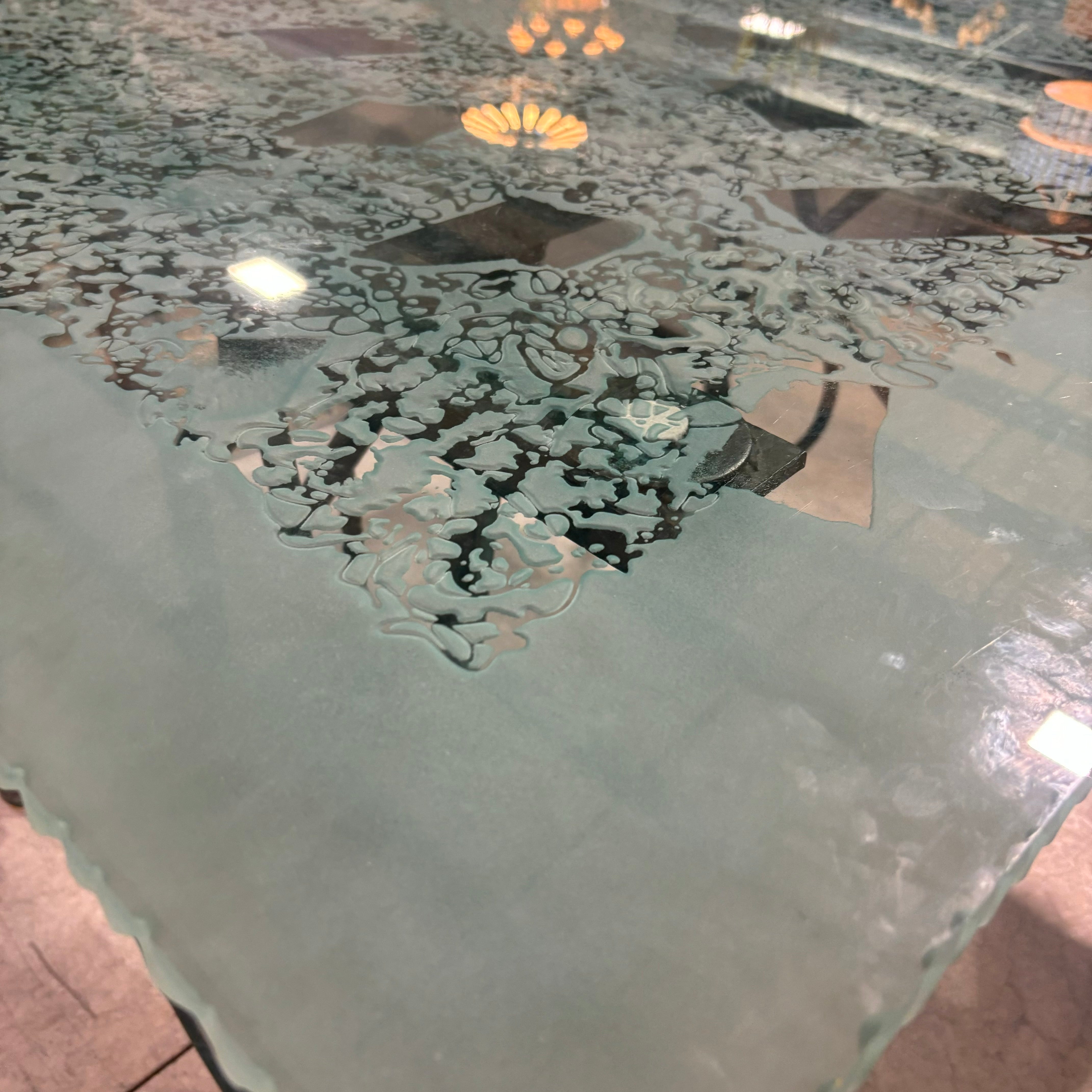 Marco De Gueltzl Patina Ornate Steel Base with Frosted Engraved Top Desk  60"x 40"x  30.5"