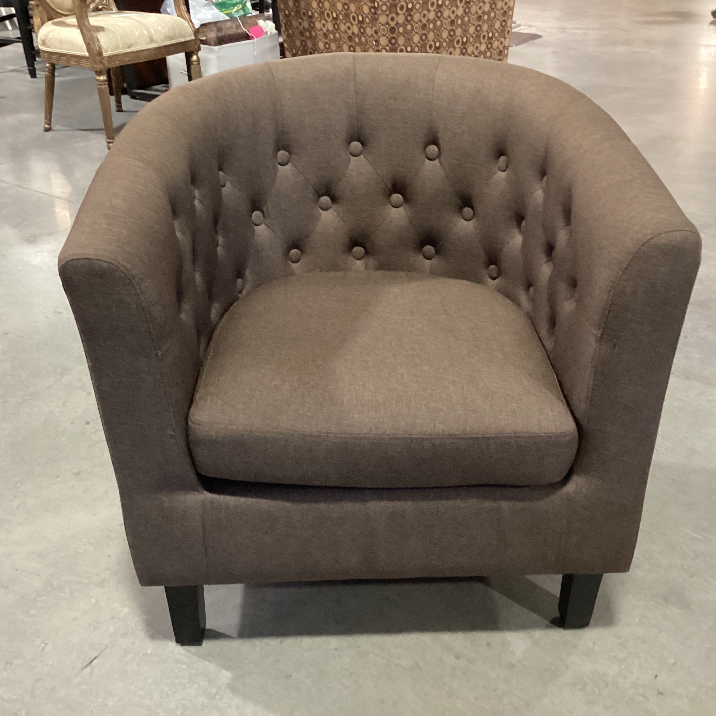 Brown Linen Button Tufted Barrel Chair 30"x 28"x 30"