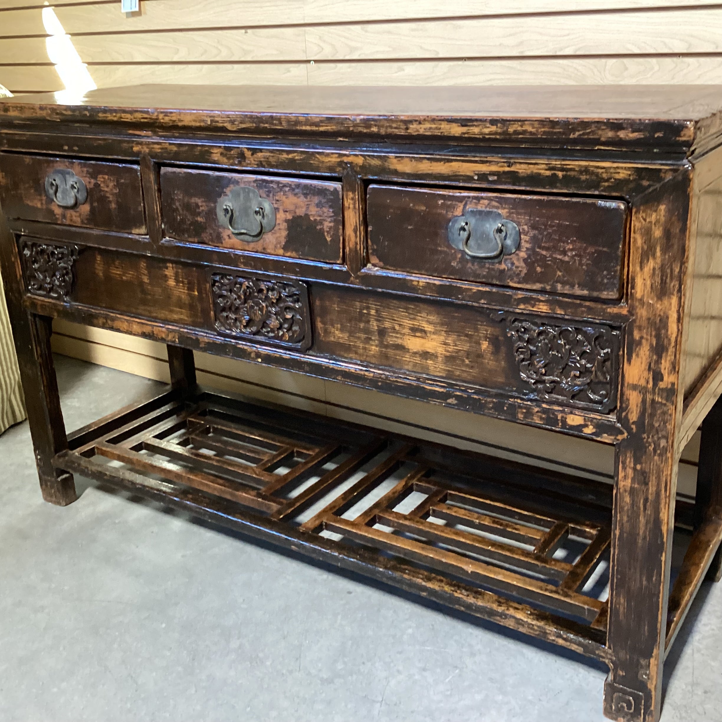 Vintage Antique Asian Carved Wood Lacquer Distressed Buffet 54.5"x 18.5"x 35"