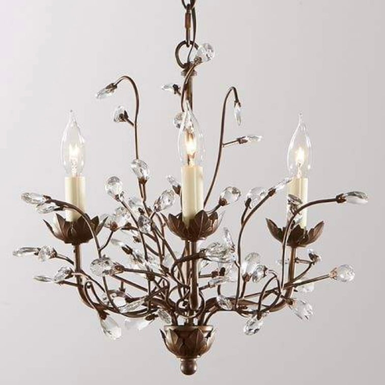 Pottery Barn Camilla 3-Light Aged Bronze Twig Branches with Faceted Glass Crystals Chandelier 16" Diameter x 16" - 72"