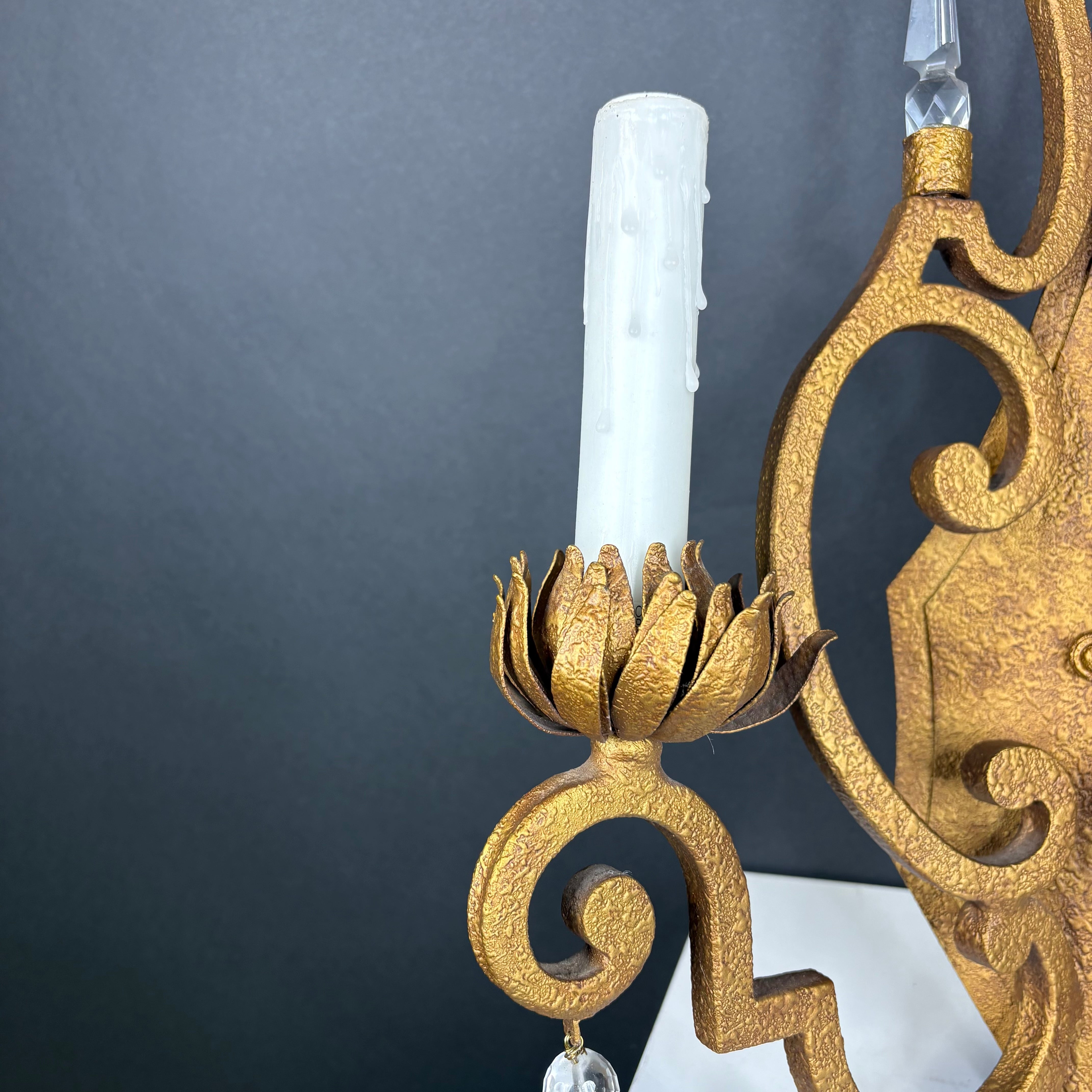 Hollywood Regency Style 2-Light Textured Gold Finish Metal and Crystal Accents Wall Sconce 13”x 26”x 7”