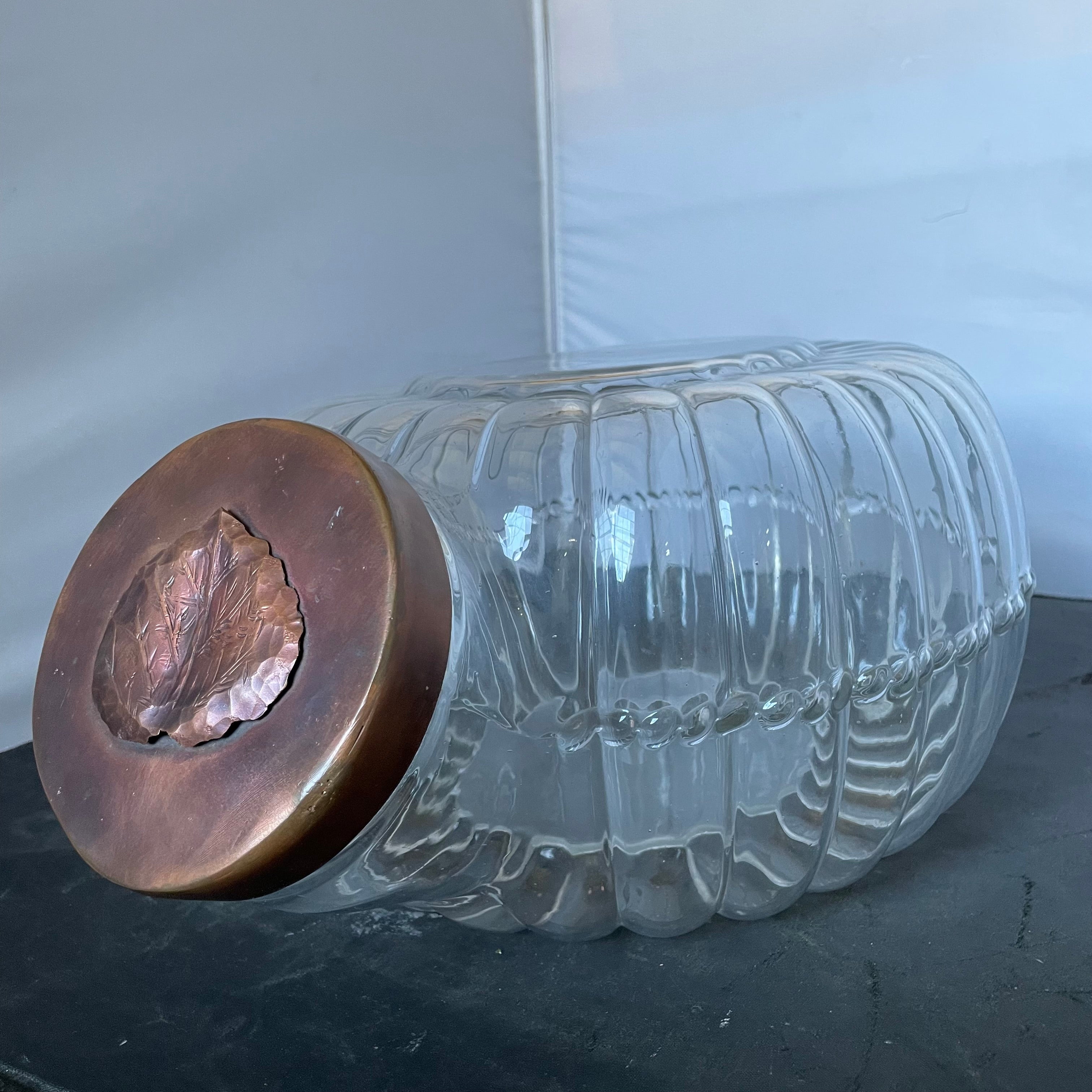Hoosier Style Ribbed Glass Storage Cannister with Copper Crafted Leaf Lid, 16"x 11"x 7"