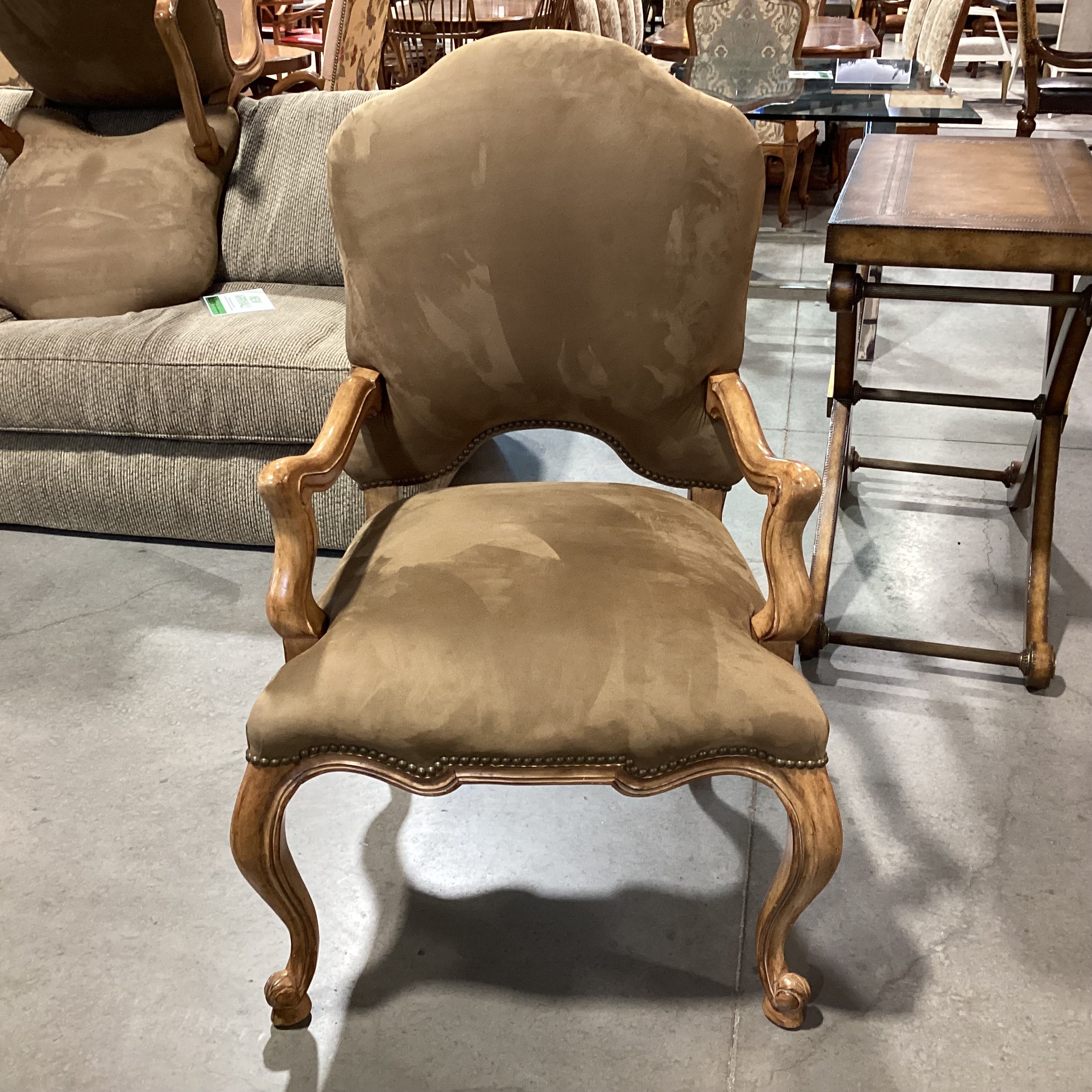 Kreiss Tan Ultra Suede Nailhead & Carved Wood Chair 27"x 27"x 44"