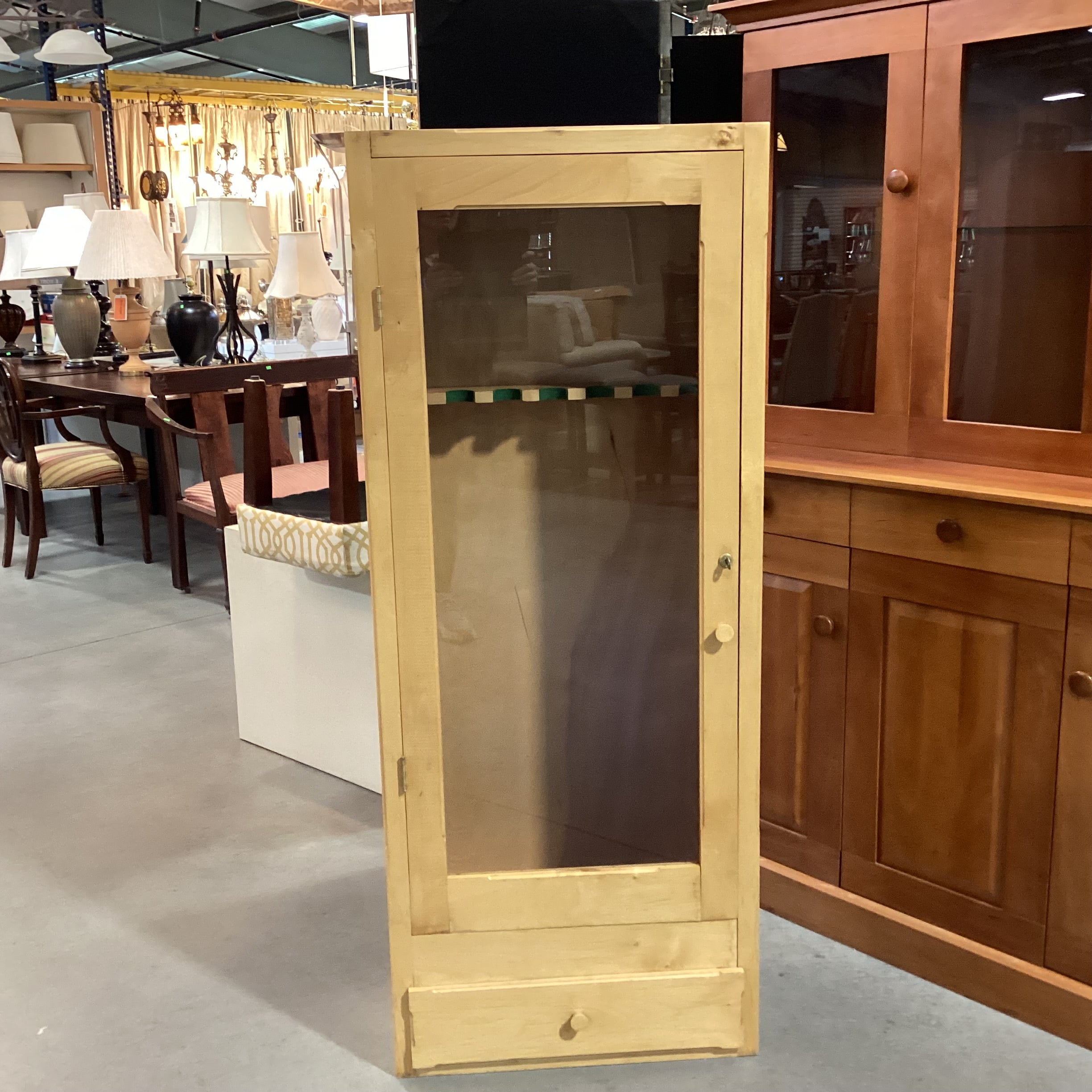 Natural Wood & Glass Door with Key Bottom Drawer Gun Cabinet Armoire 24"x 13"x 60"