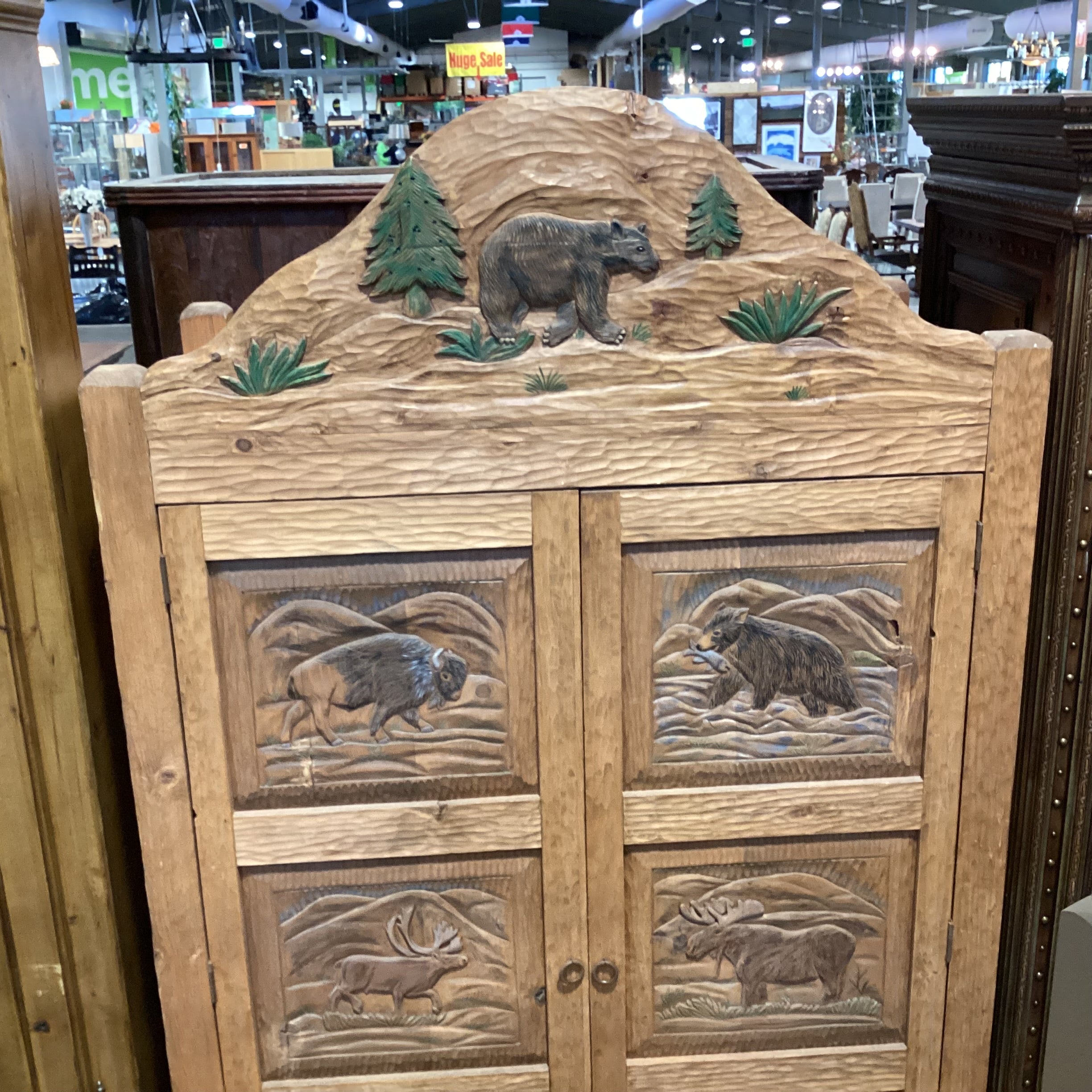 Rustic Hand Carved Bear Moose Elk Buffalo 2 Door with Shelves Armoire 48"x 26"x 84"