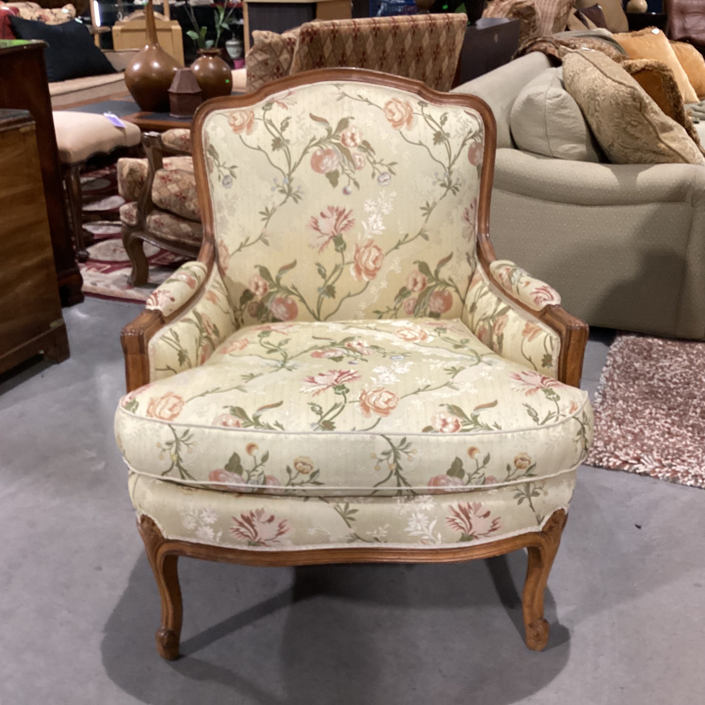 French Provincial Style Carved Wood with Yellow Floral Upholstery Chair 33"x 34"x 37.5"