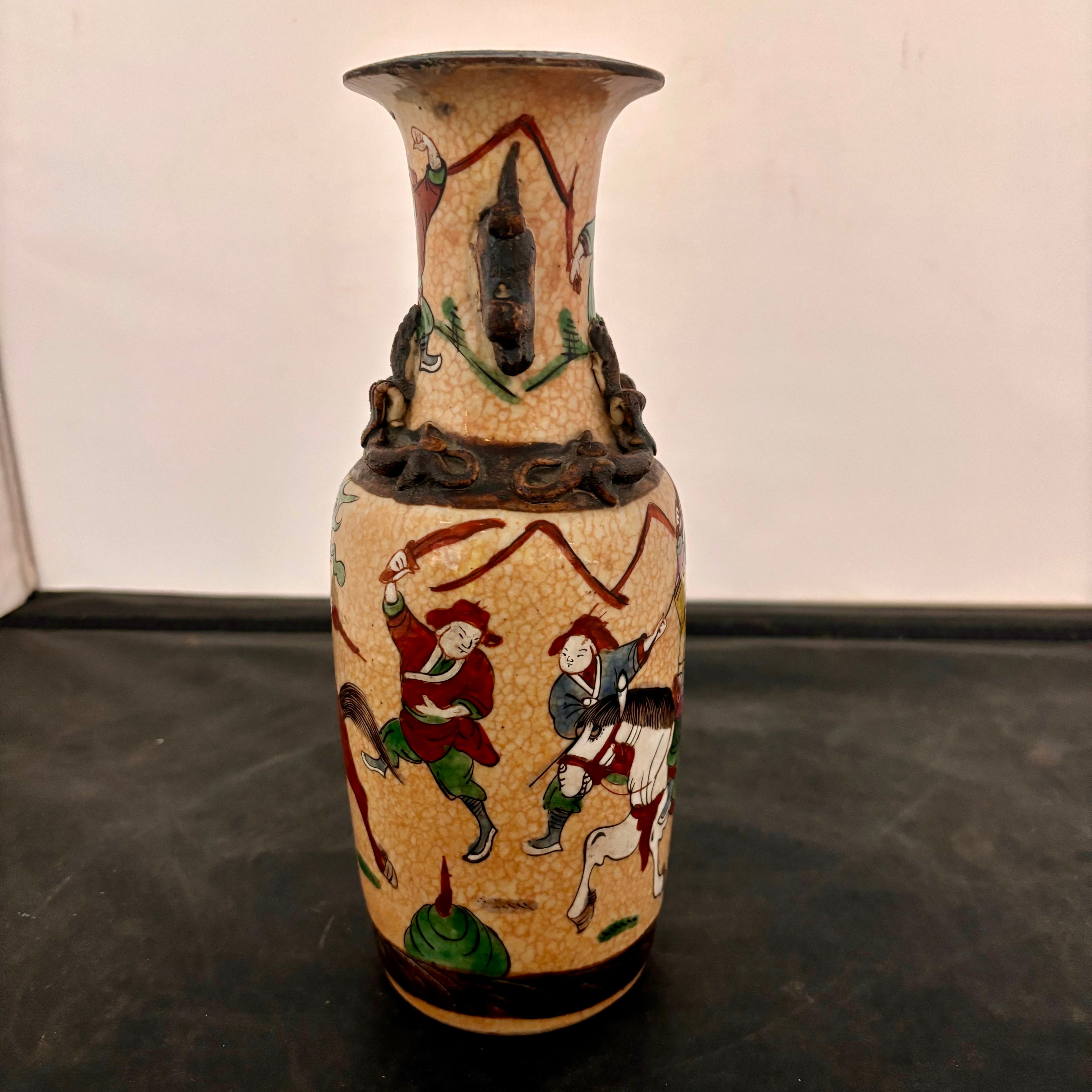 Antique Chinese Signed Famille Verte Vase with Figures and Faux Bronze Decoration 9.5"x 3.5"