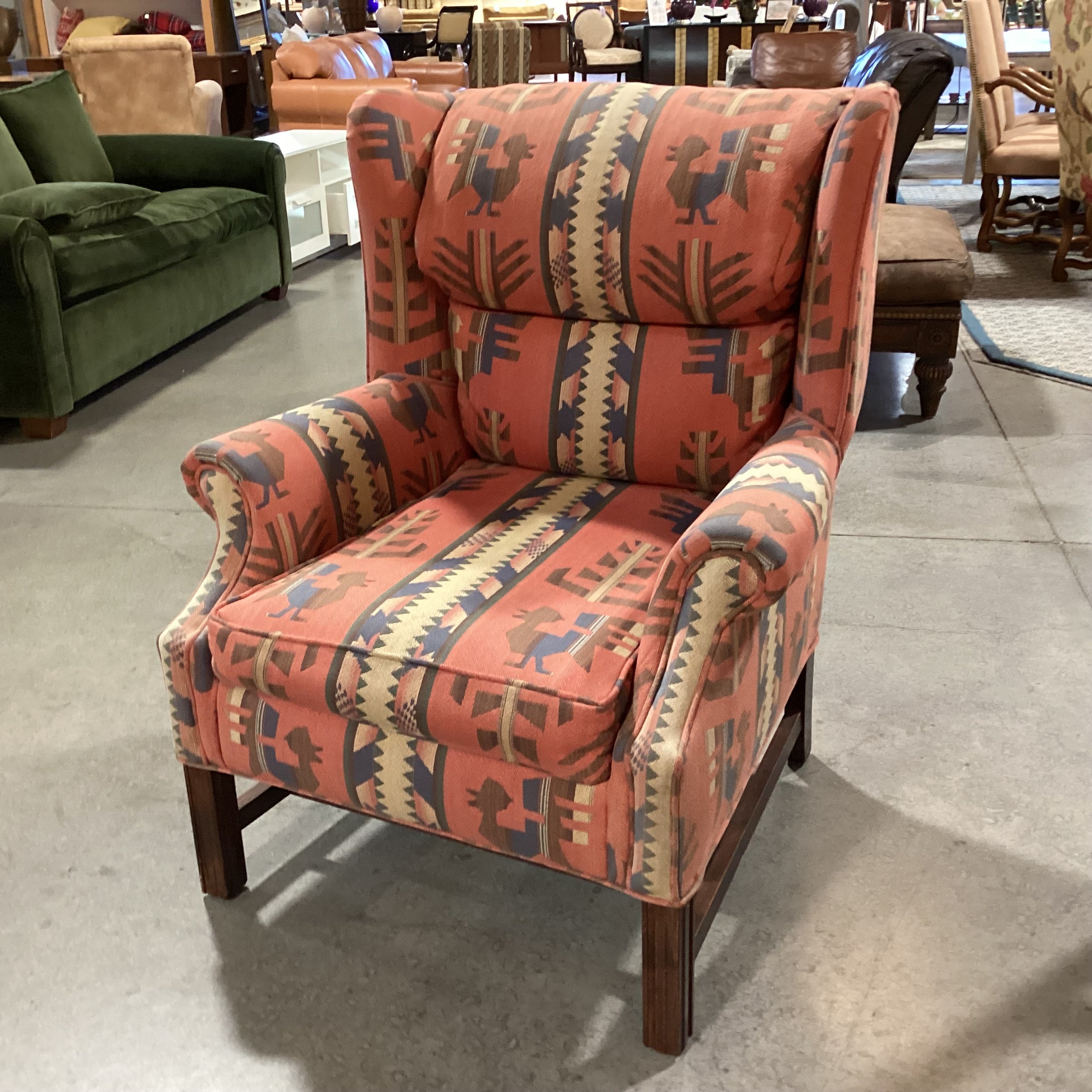 Red & Blue Southwest Woven & Wood Base Wing Chair 34"x 36"x 41"