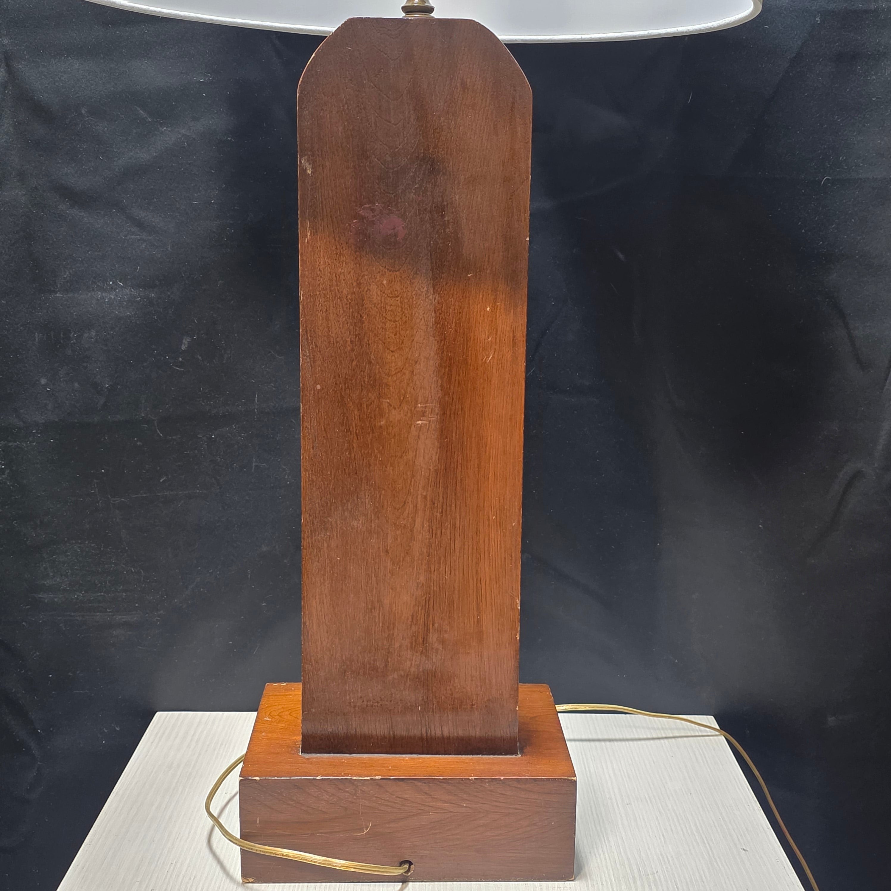 60's - 70's Walnut Wood Medieval Revival Hand Carved Table Lamp 17.5" D x 34.5"