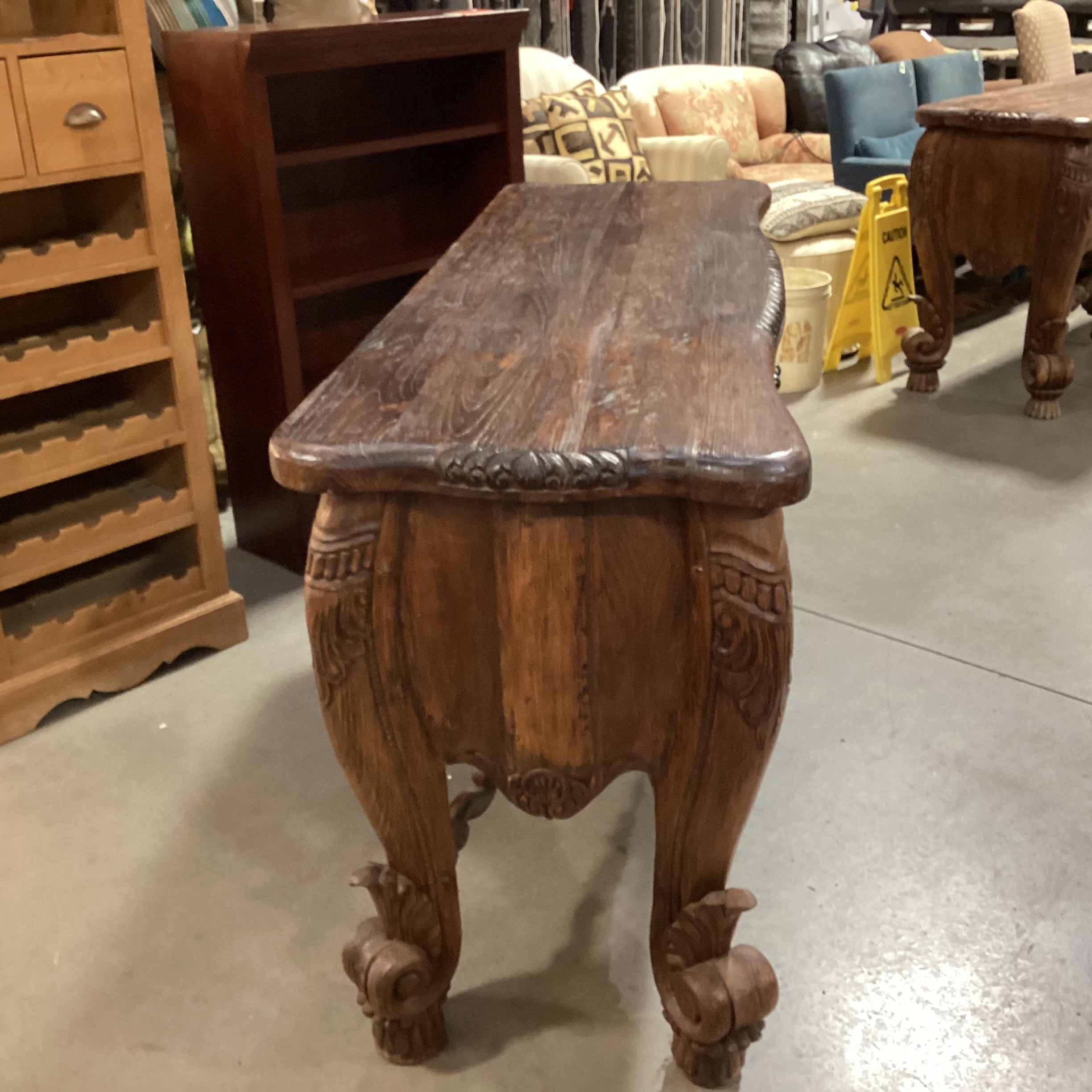 Rustic Western Hand Carved Solid Wood with Ornate Trestle 3 Drawer Accent Table 72"x 24"x 35.5"