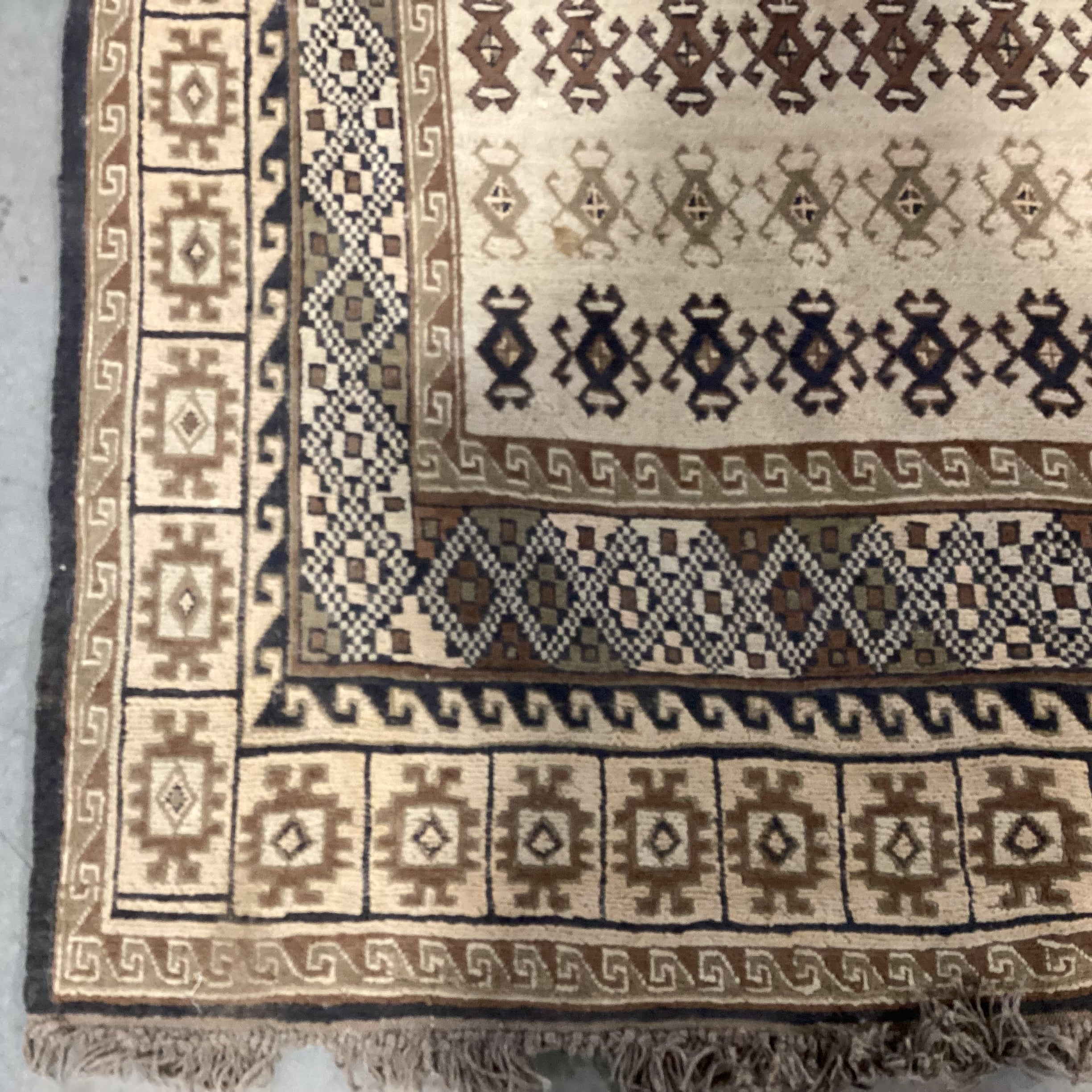 Vintage Tan & Brown Hand Woven Wool Rug 9'x 10'4"