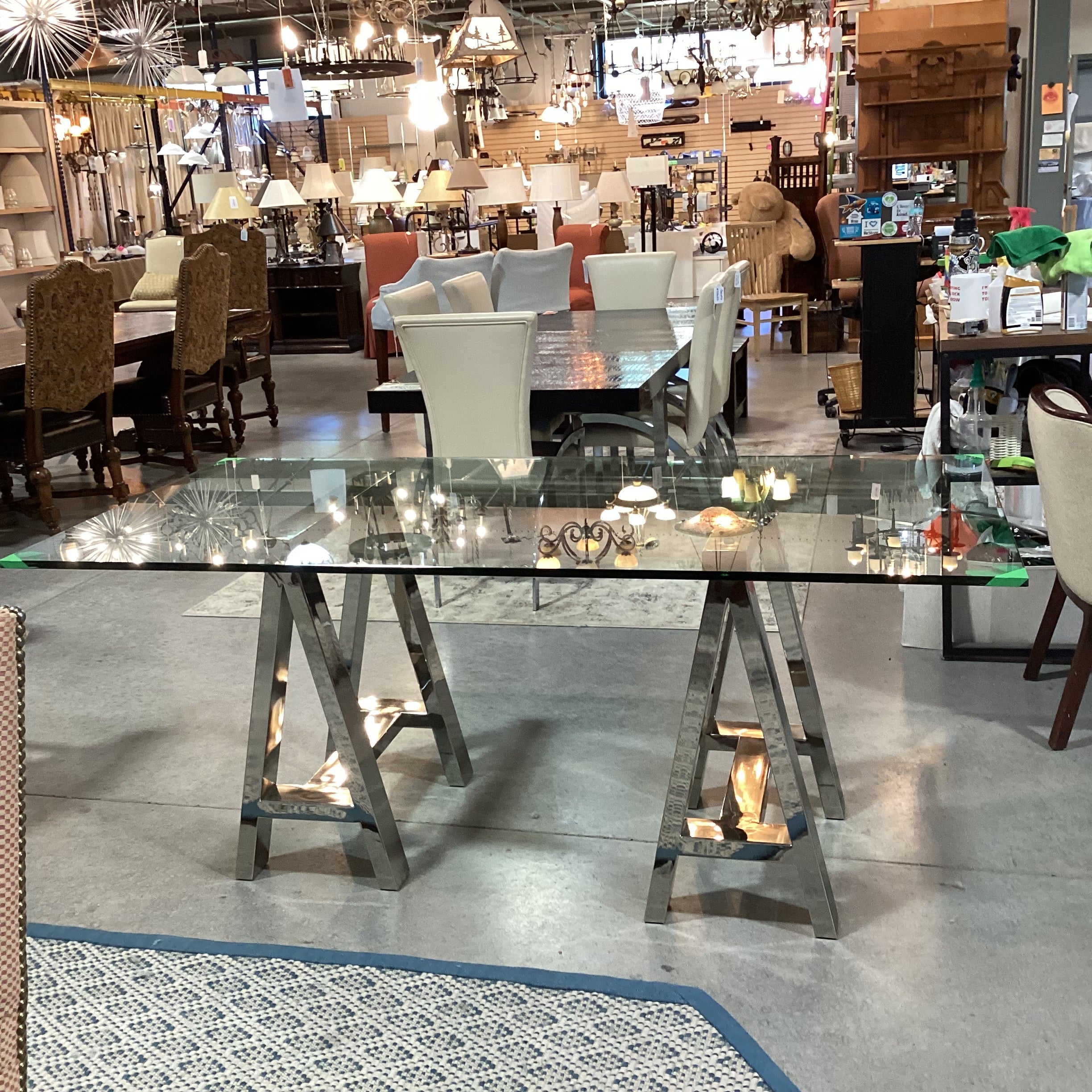Chrome Sawhorse & Thick Glass Desk Dining Table 72"x 36"x 30.5"