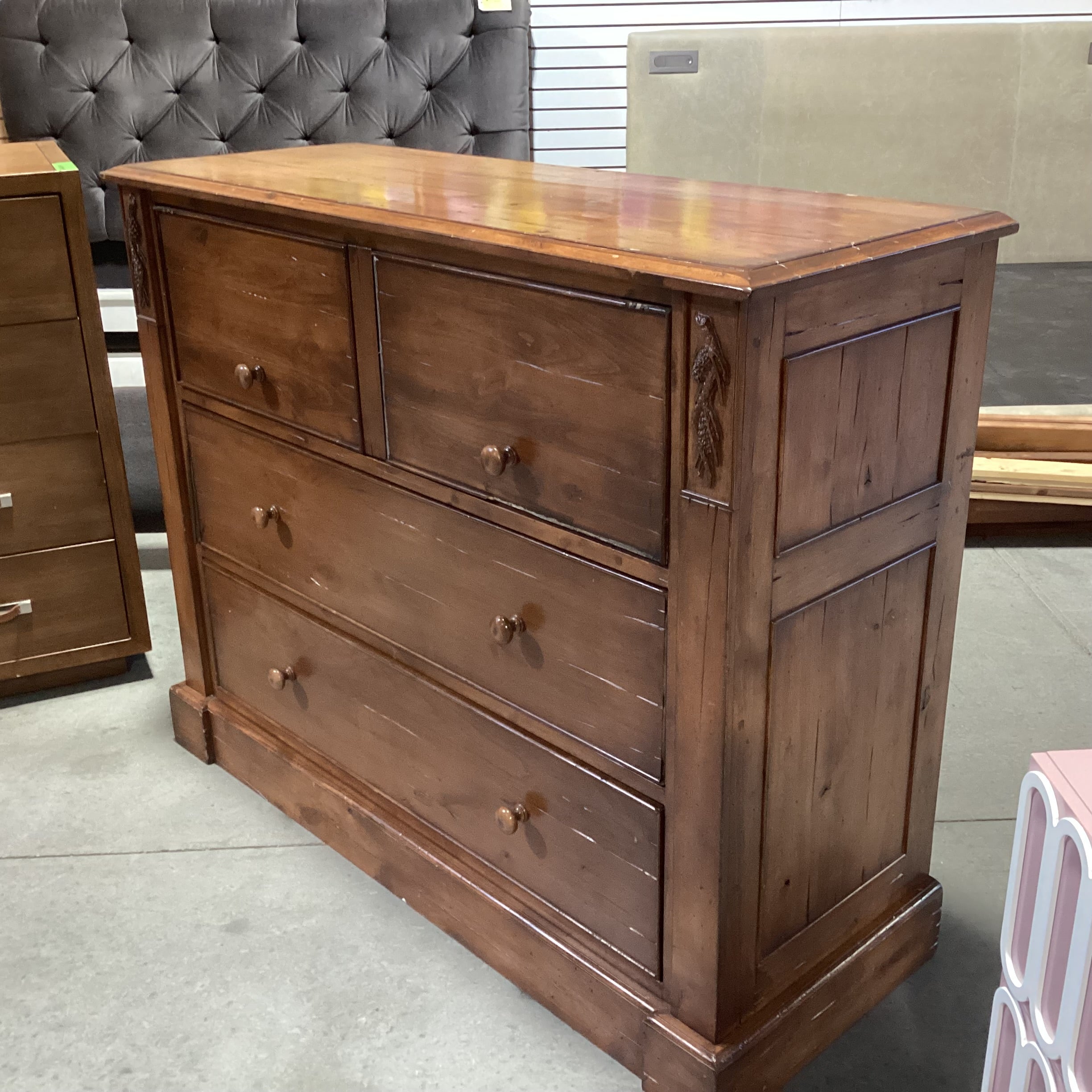 Distressed Finish Carved Pine Cone Wood 2 Drawer & Lift Top Media Dresser 34"x 20"x 43"
