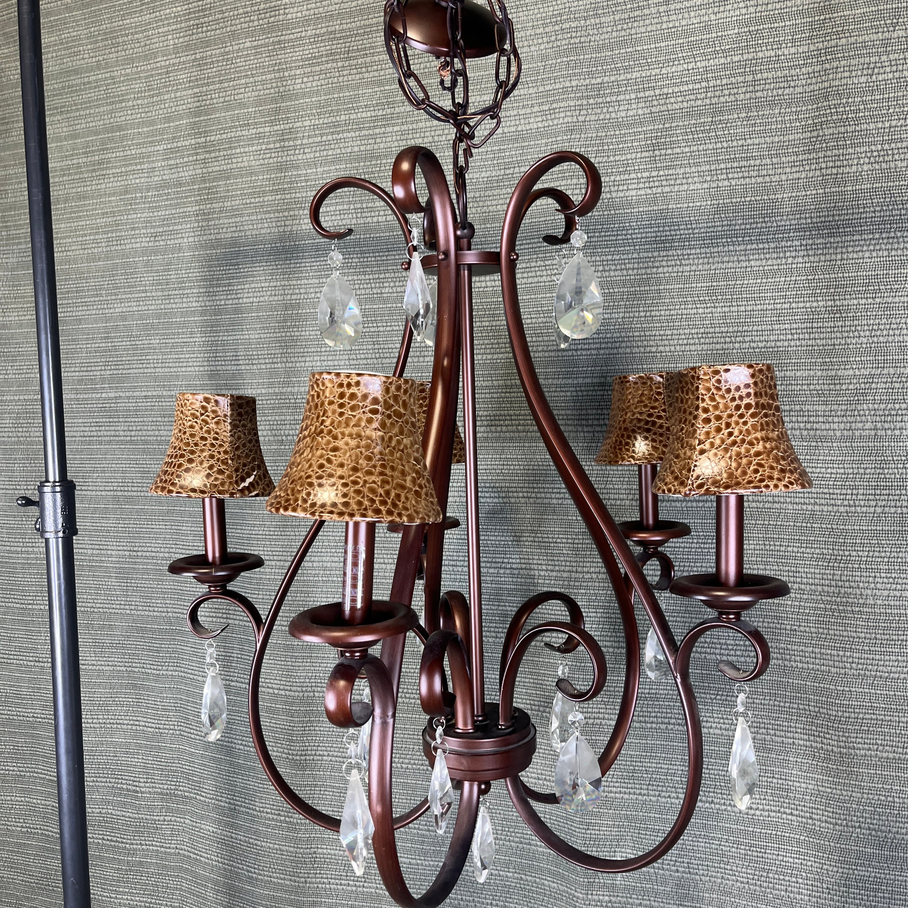 Traditional 5-Light Bronze Metal with Crystal Detailing and Animal Print Shades Chandelier 24” Diameter x 28” - 58”