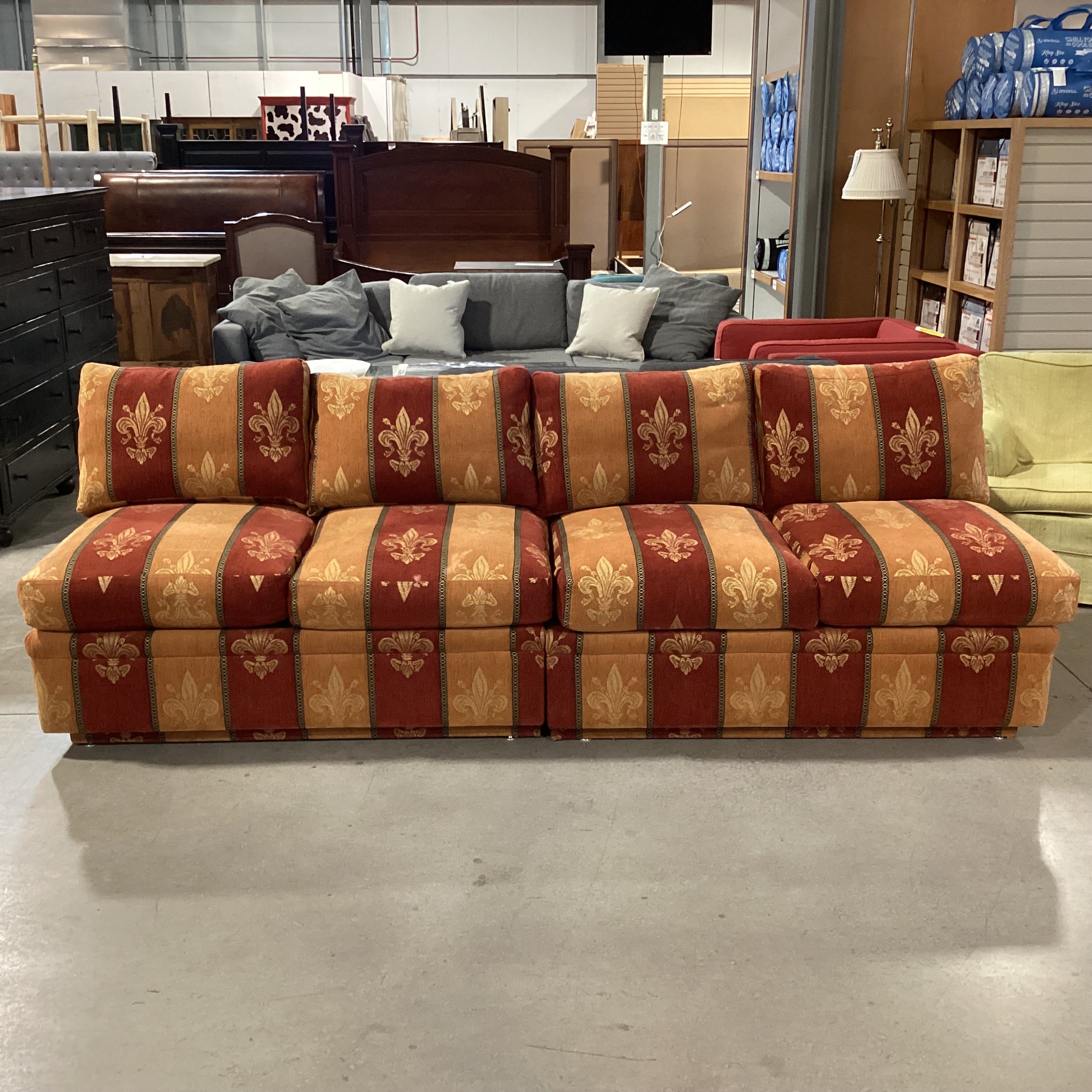 R Jones Custom Rust Gold Fleur De Lis Down Mix 2 Piece Sofa 103"x 37"x 30"