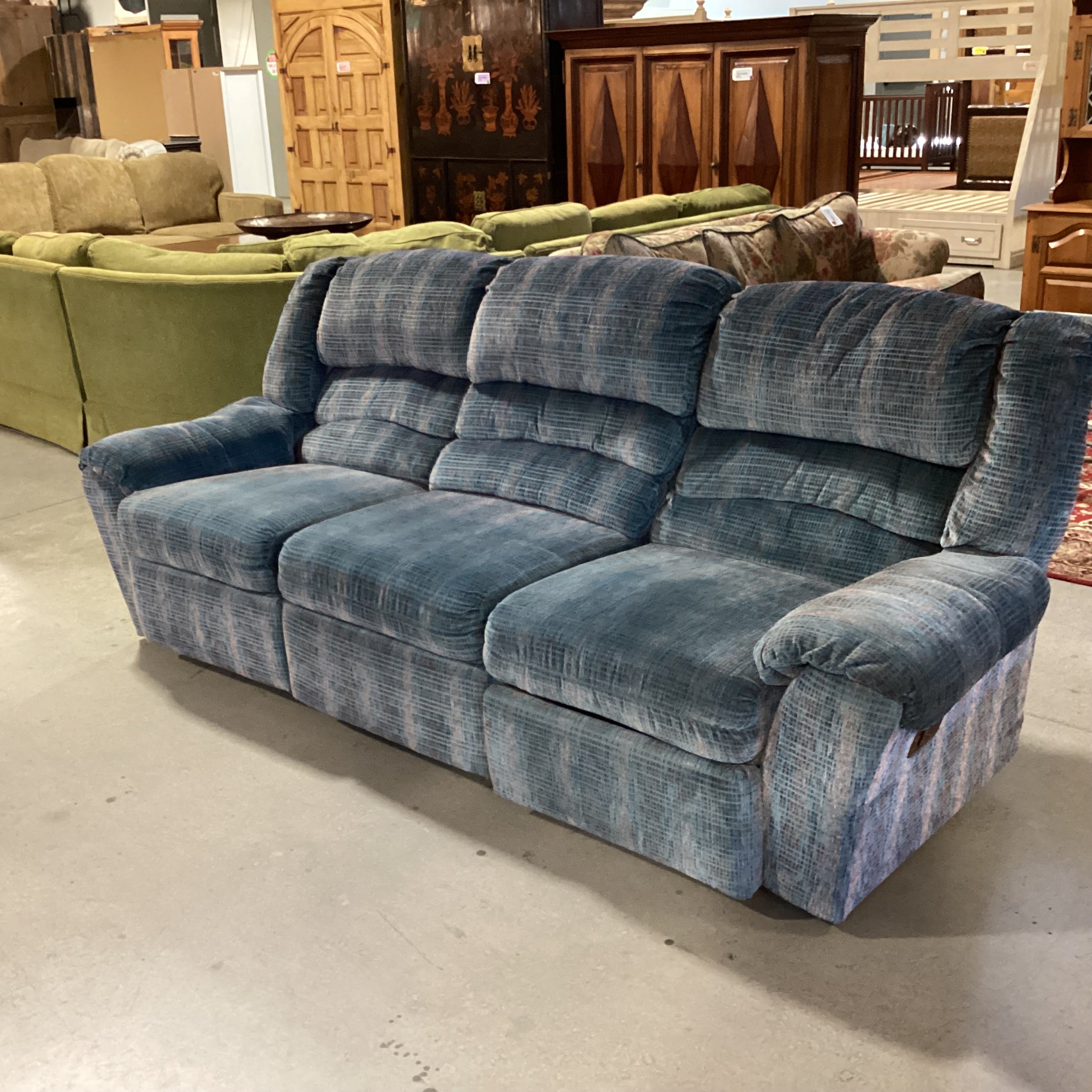 Action Industries Teal Blue with Light Red Grid Woven Double Recliner Sofa 96"x 38"x 37"