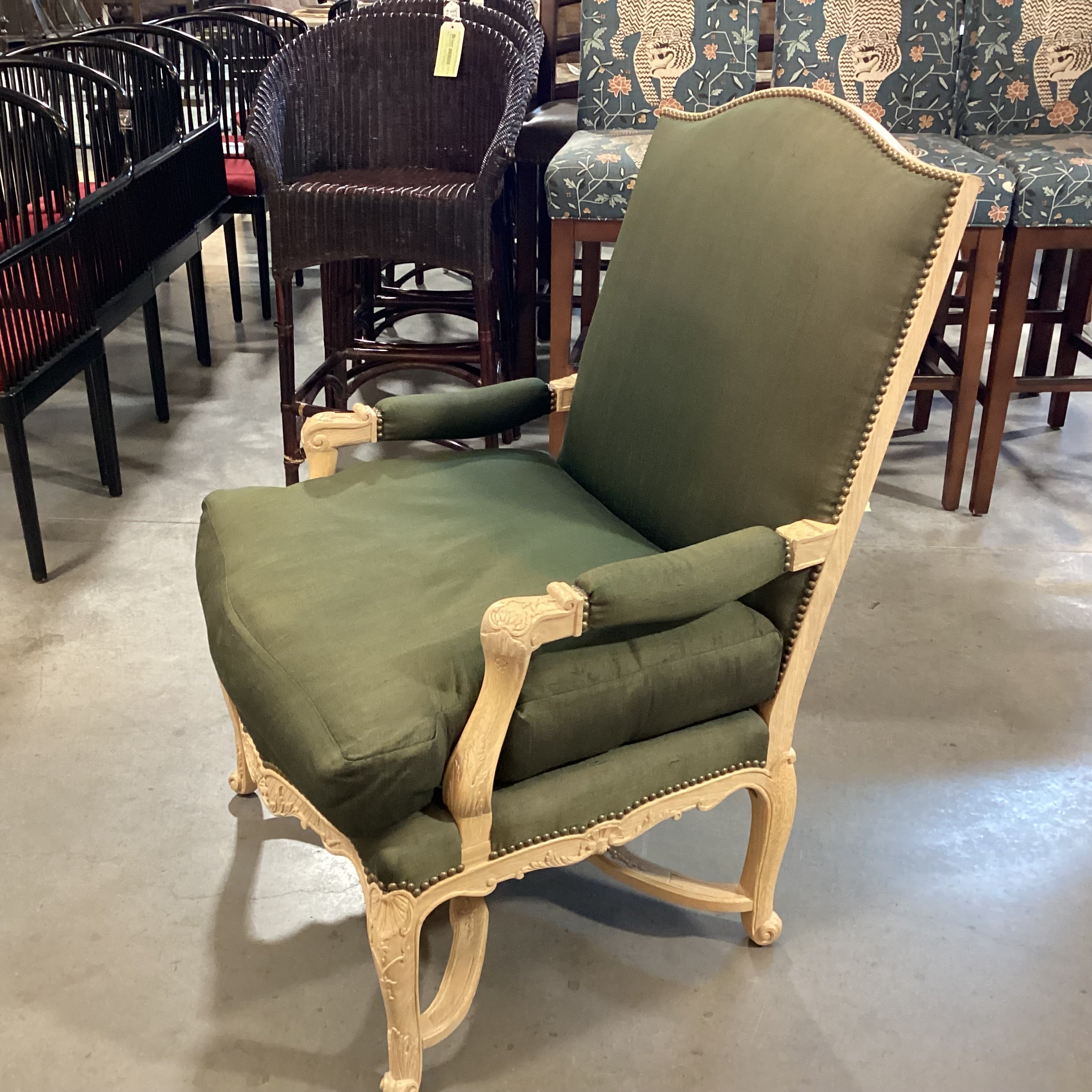 Carved Washed Wood & Green Raw Silk Down Chair 29"x 25"x 42"