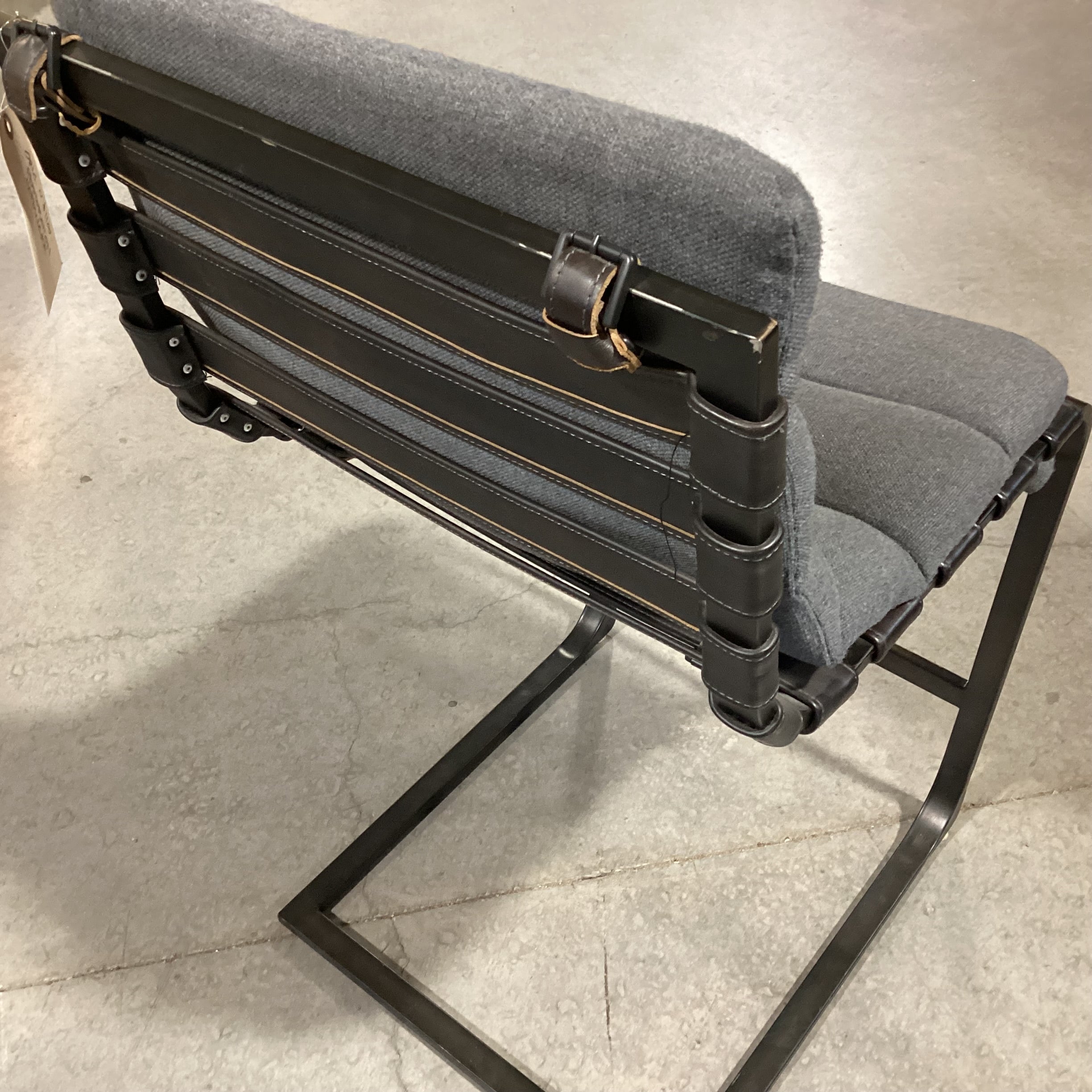 Restoration Hardware Black Metal & Leather Strapped with Grey Cushion Barstool 25"