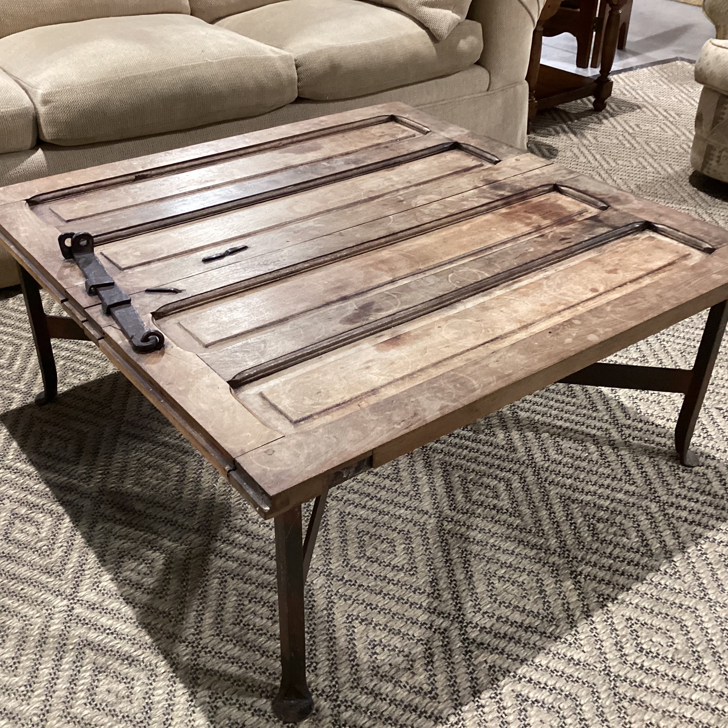Iron & Reclaimed Wood Door with Iron Latch Coffee Table 40"x 40"x 18"