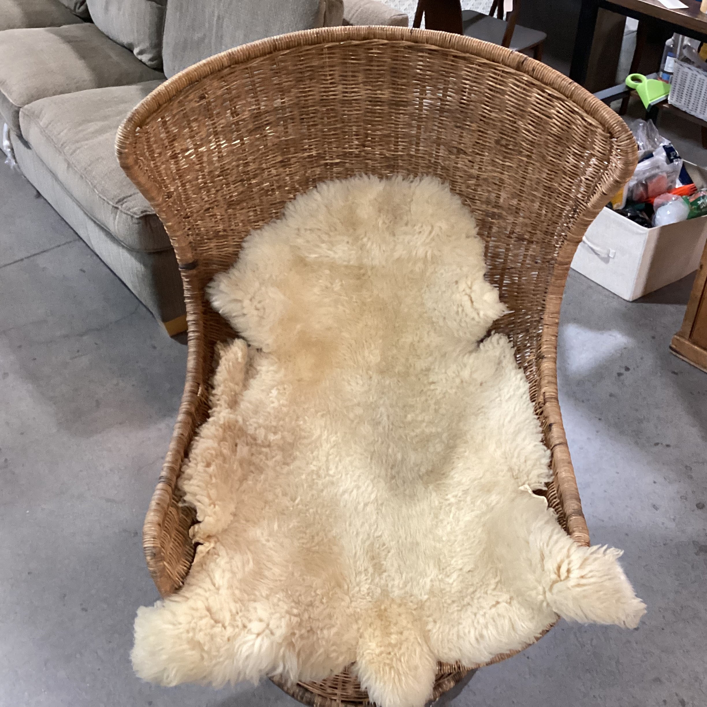 Vintage Wicker Swivel Rock with Sheepskin Chair 30"x 30"x 48"