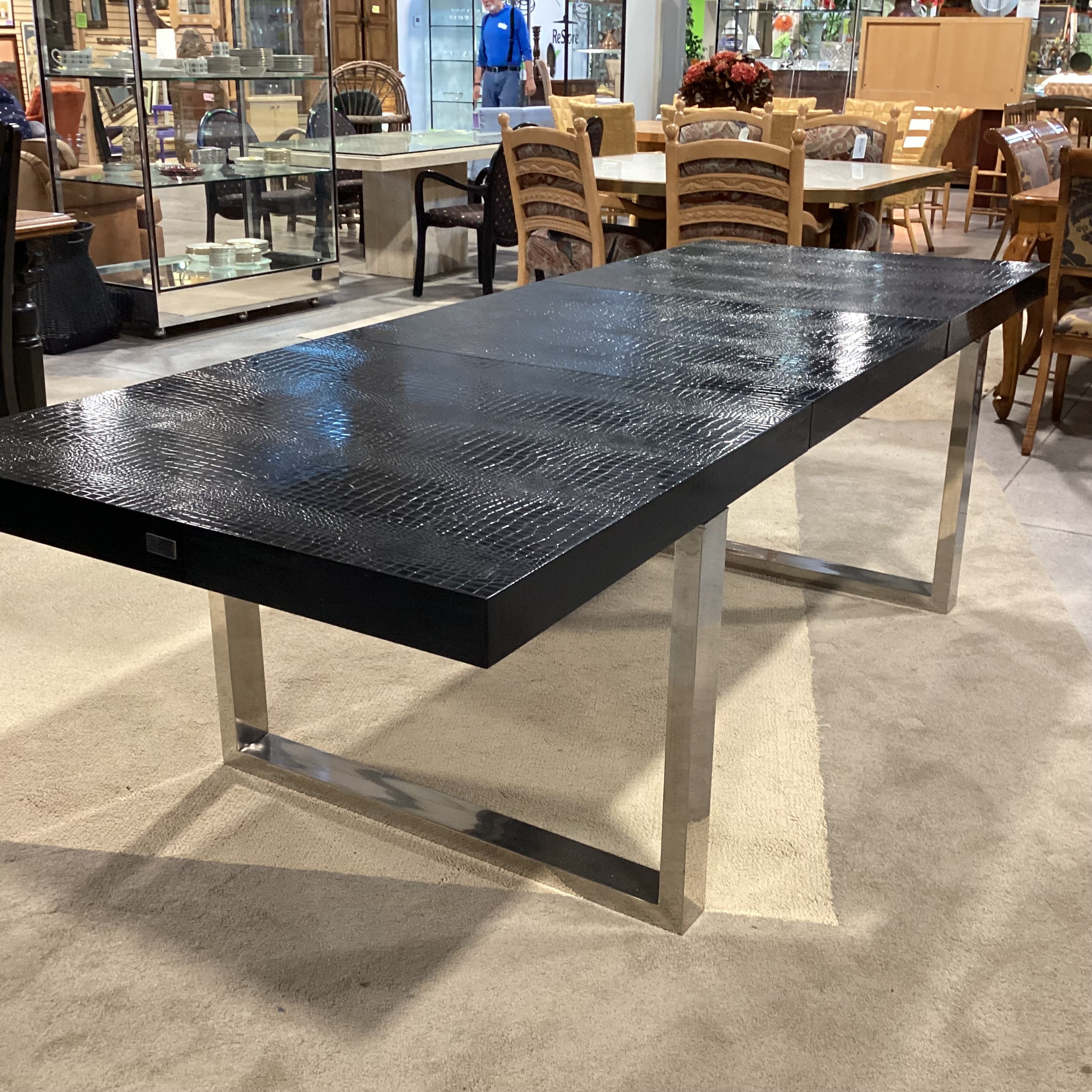 A & X Casa Luxury Collection Skyline Modern Black Krocodile Lacquer & Chrome 1 Leaf Dining Table 71" to 100.5"x 37"x 29"