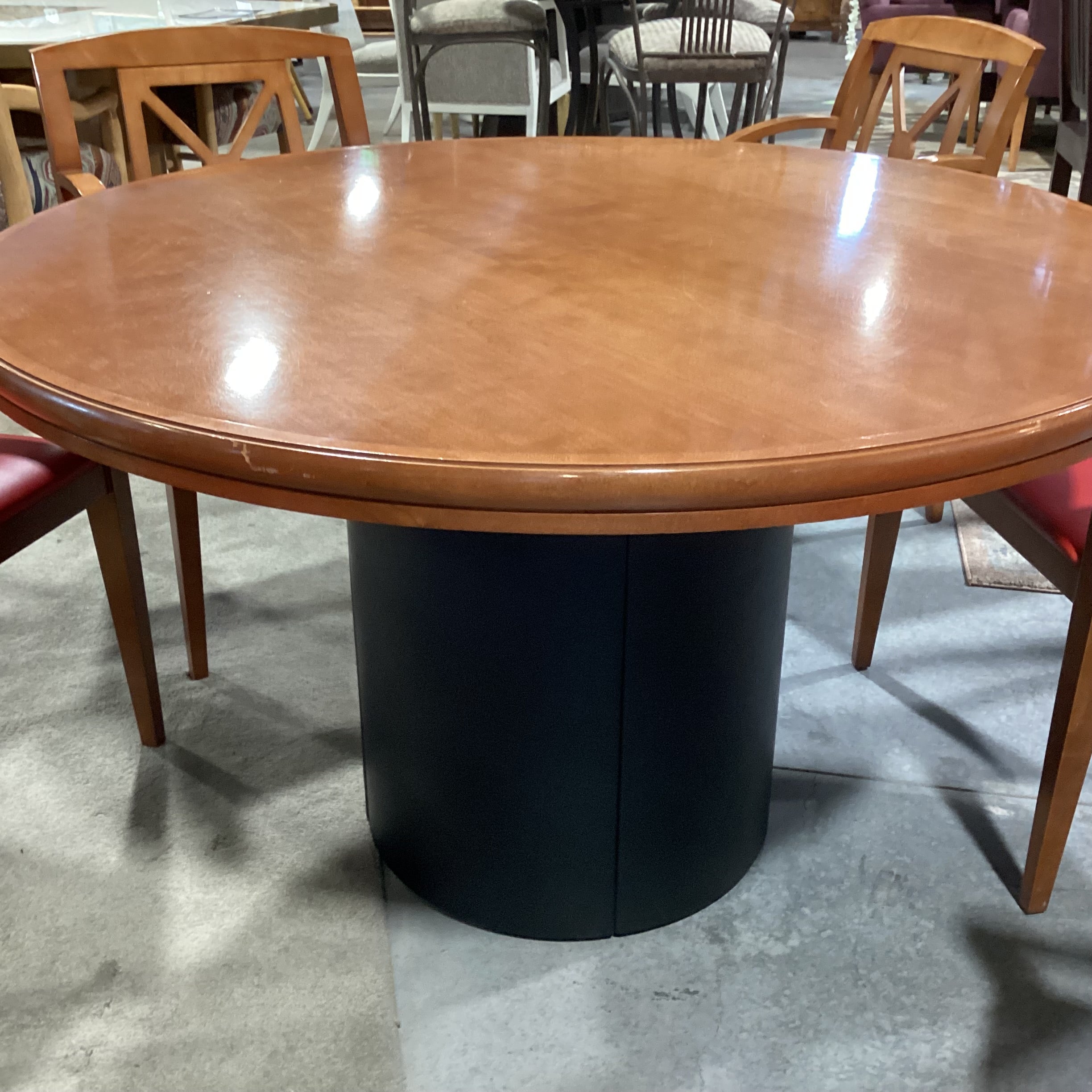 Round Finished & Pressed Maple Black Leather Like Pedestal Table with 6 Red Leather Like Chairs Dining Set 48" Diameter x 29"